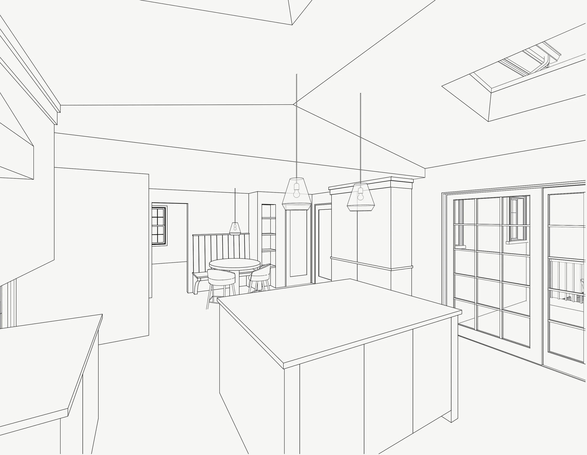 Architectural linework perspective of proposed kitchen addition looking toward dining room with island, pendant lighting and divided light sliding doors, Medford MA