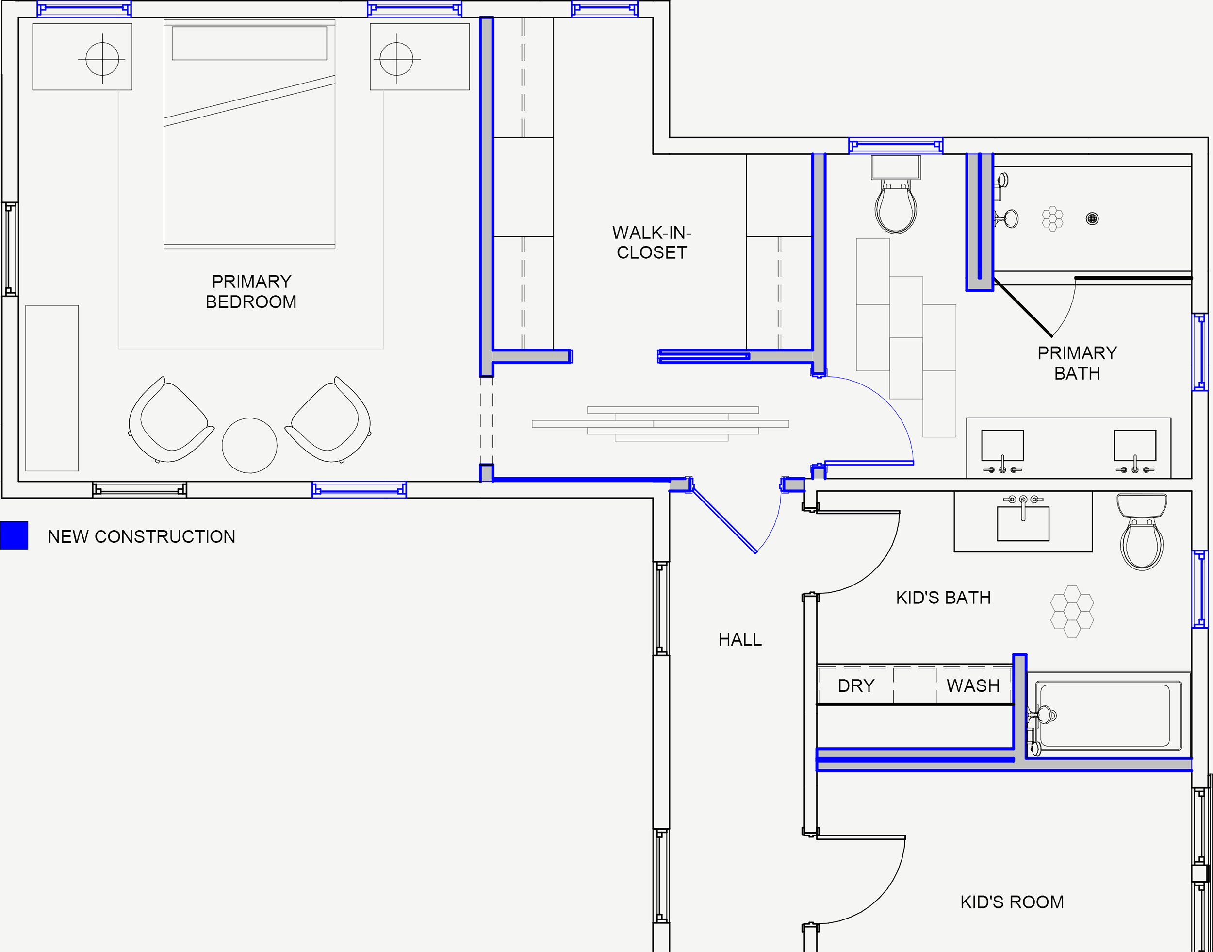 Proposed floor plan for the primary suite reconfiguration of an 1846 Victorian home in Newton MA showing new primary bedroom, walk-in closet, primary bath, kids bath with laundry and kids room with blue linework indicating new construction