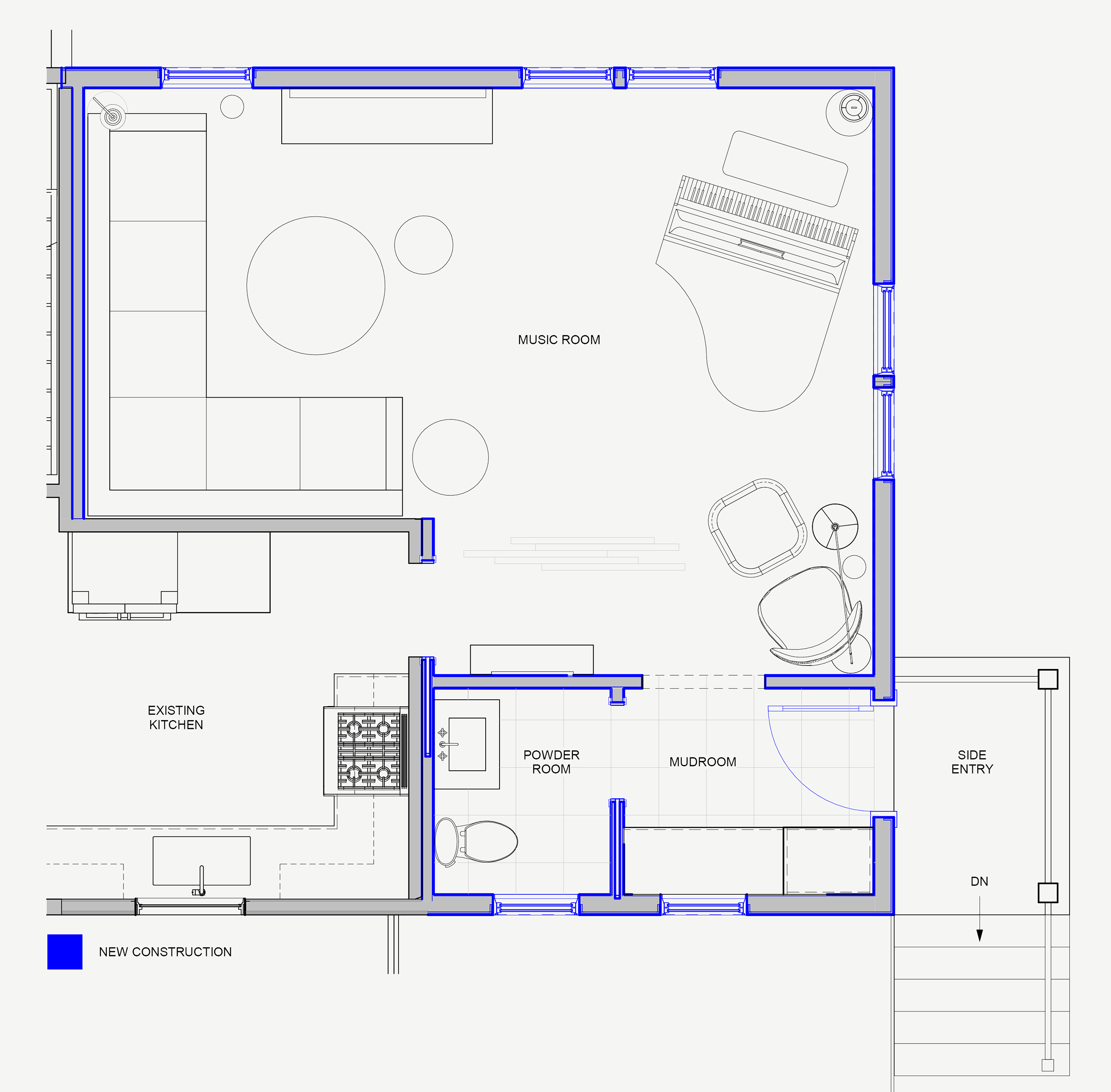 Proposed main level floor plan for a Dutch Colonial second story addition in Greater Boston showing new music room, mudroom, powder room and side entry with blue solid linework indicating new construction by Tact and Grit Design Co.
