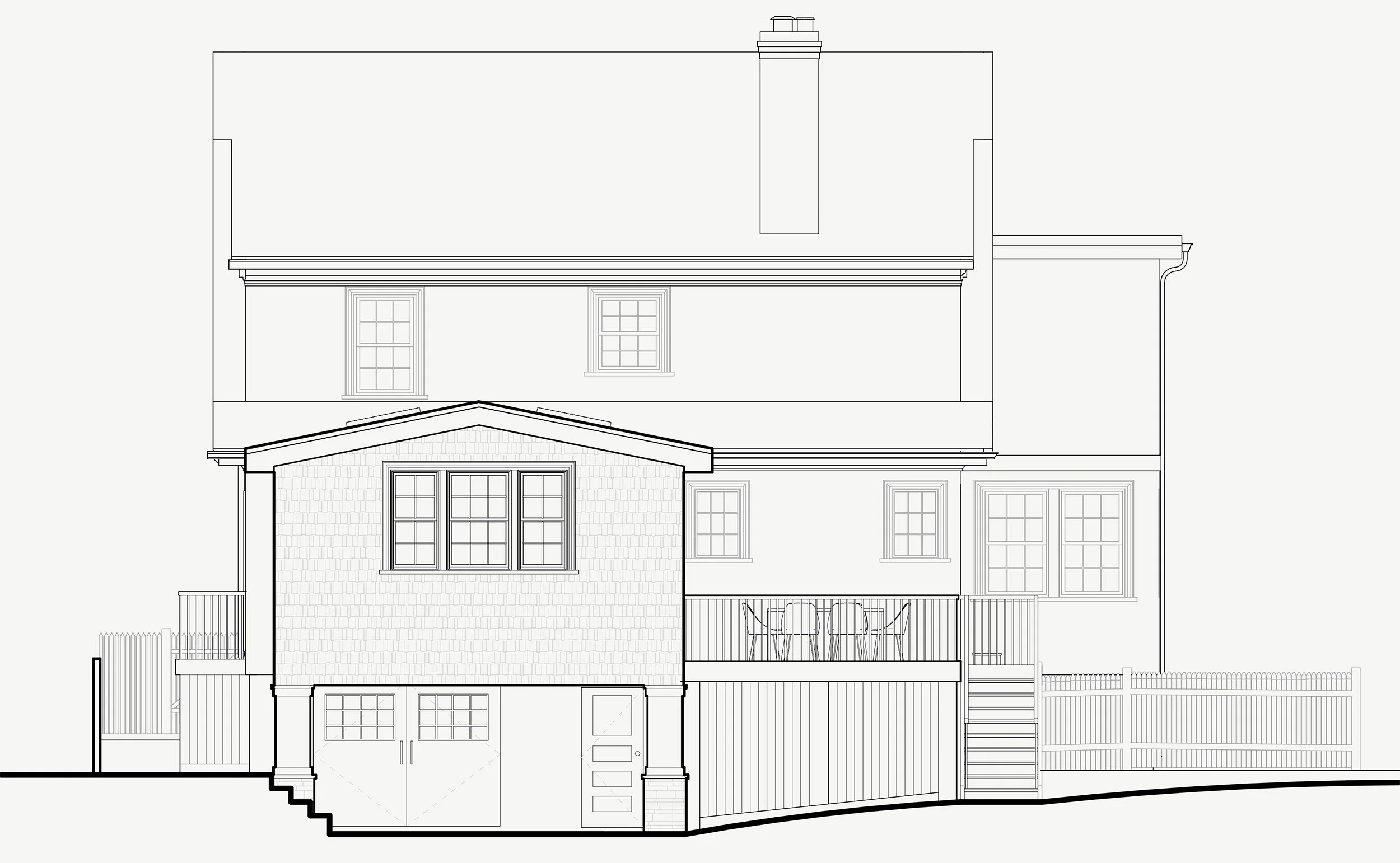 Architectural rear elevation drawing of Medford MA kitchen addition showing cedar shake siding, triple window, and open garage style storage below with deck and original Dutch Colonial beyond.