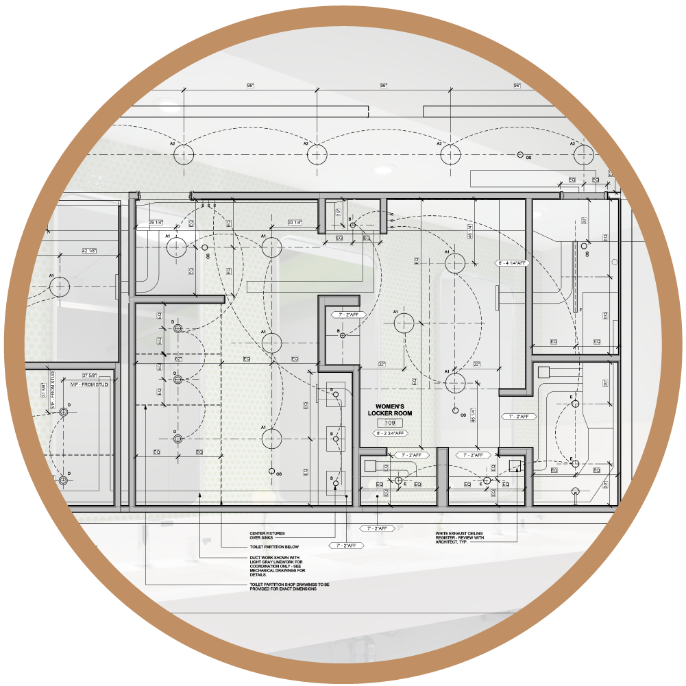 Reflected ceiling plan showing the spatial coordination between architectural lighting design and mechanical ductwork systems.