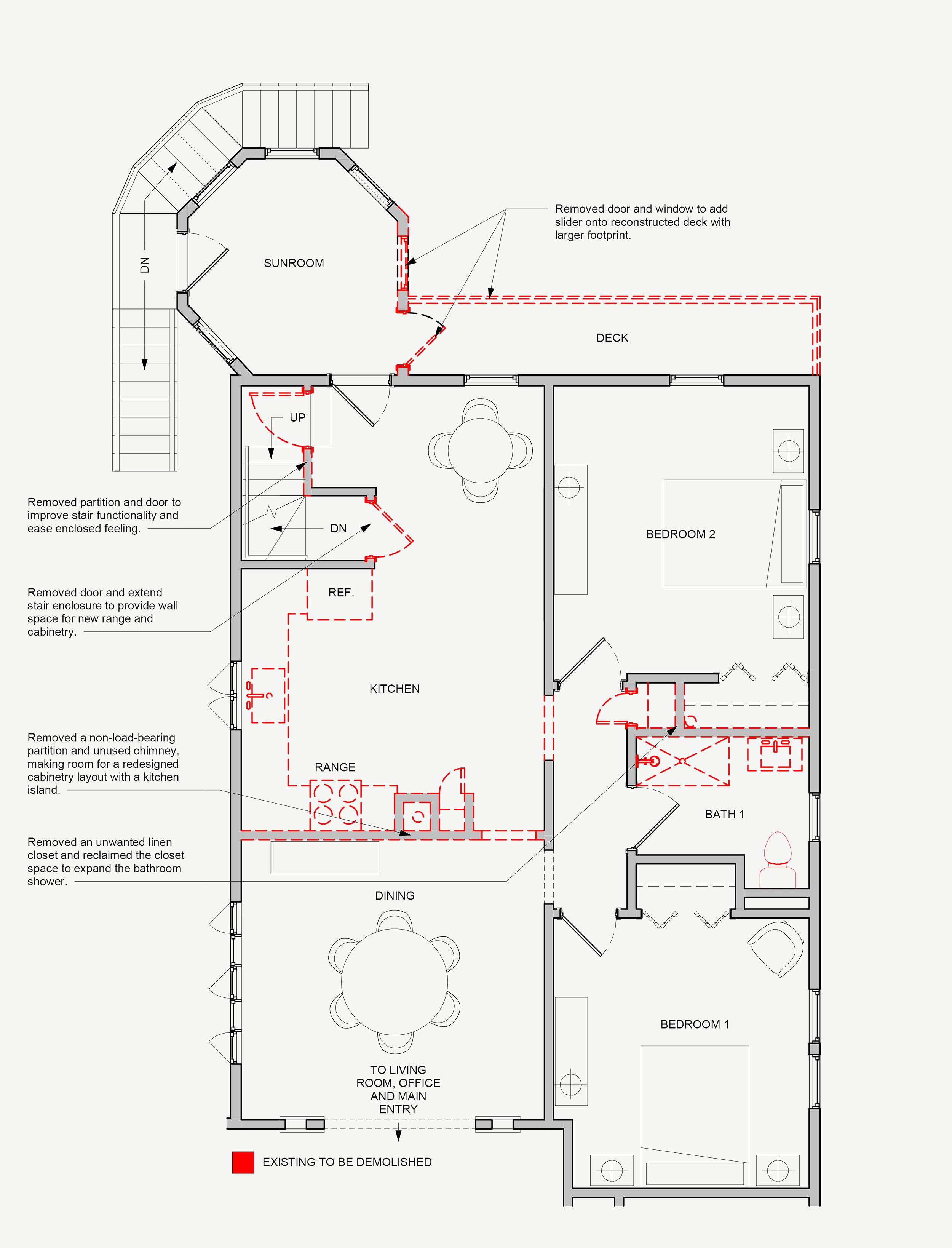 Existing conditions level 1 floor plan showing areas to be demolished in dashed red linework.