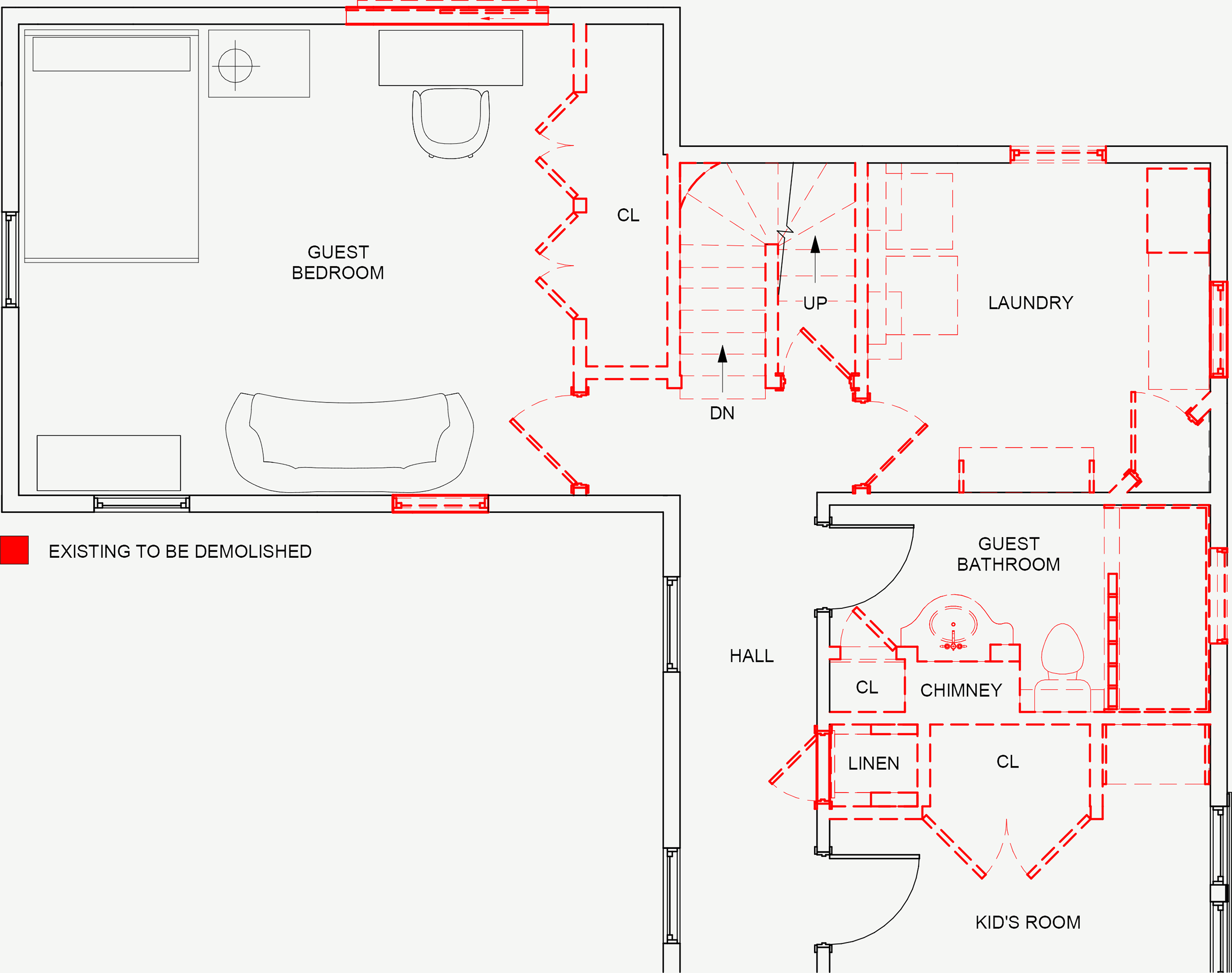 Demolition floor plan for the primary suite reconfiguration of an 1846 Victorian home in Newton MA showing existing guest bedroom, laundry, guest bathroom, kids room and chimney with red dashed linework indicating demolished partitions