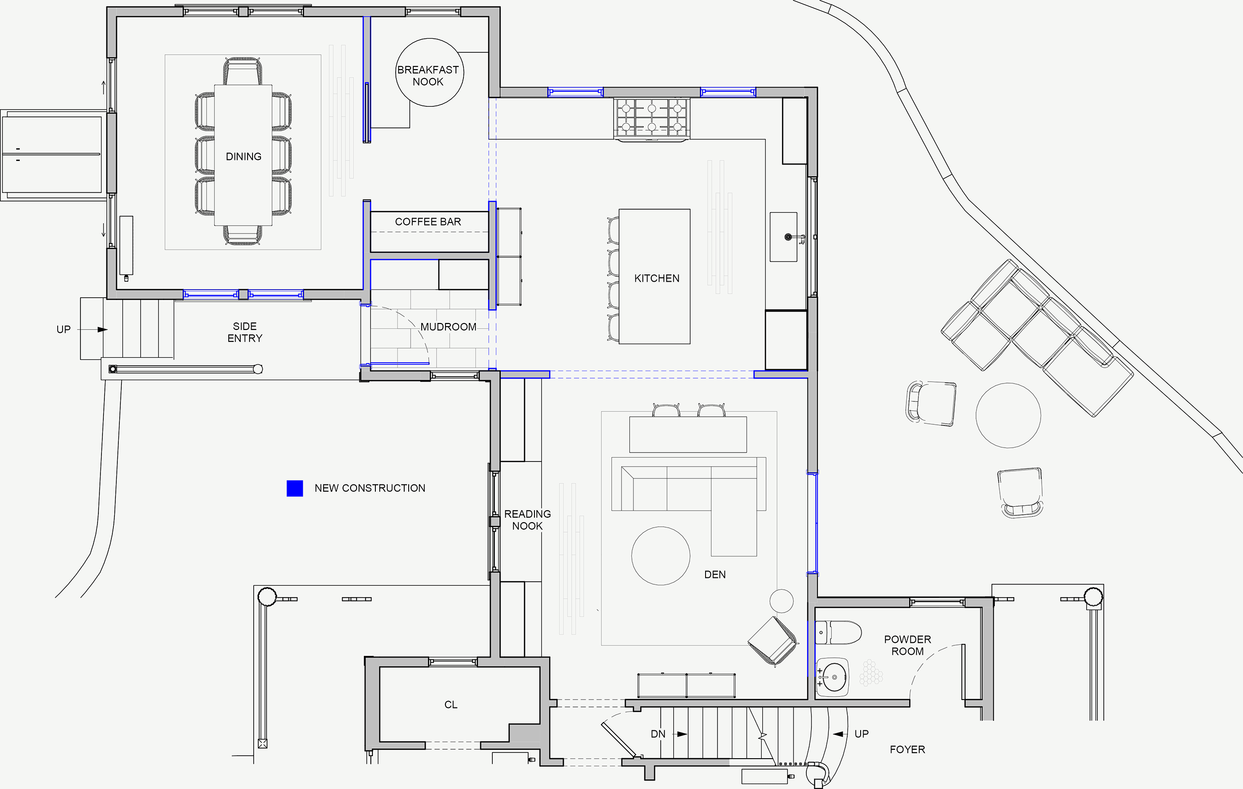 Proposed floor plan for the first level of an 1846 Victorian home remodel in Newton MA showing reconfigured kitchen, dining room, den, mudroom, breakfast nook and powder room with blue linework indicating new configuration