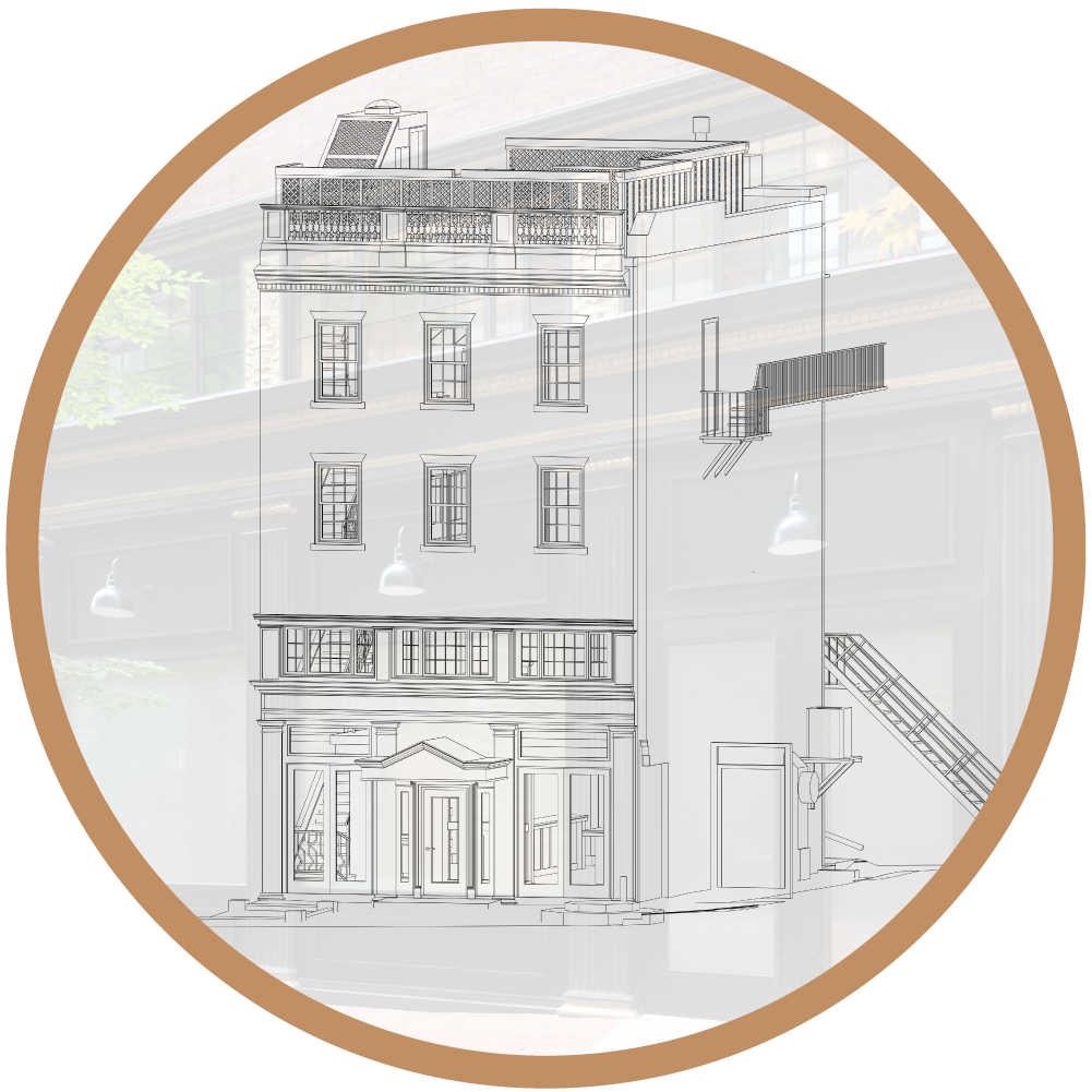 A technical laser scan of a commercial building exterior, representing the forensic data collection and precise site documentation used in the Existing Conditions phase.