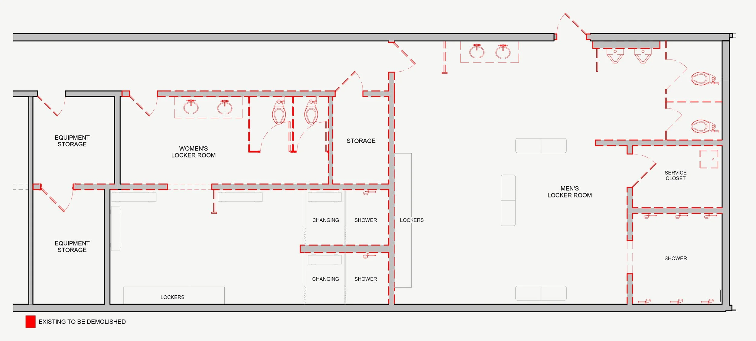 demolition floor plan illustrating areas to be demolished in dashed red linework of existing locker room