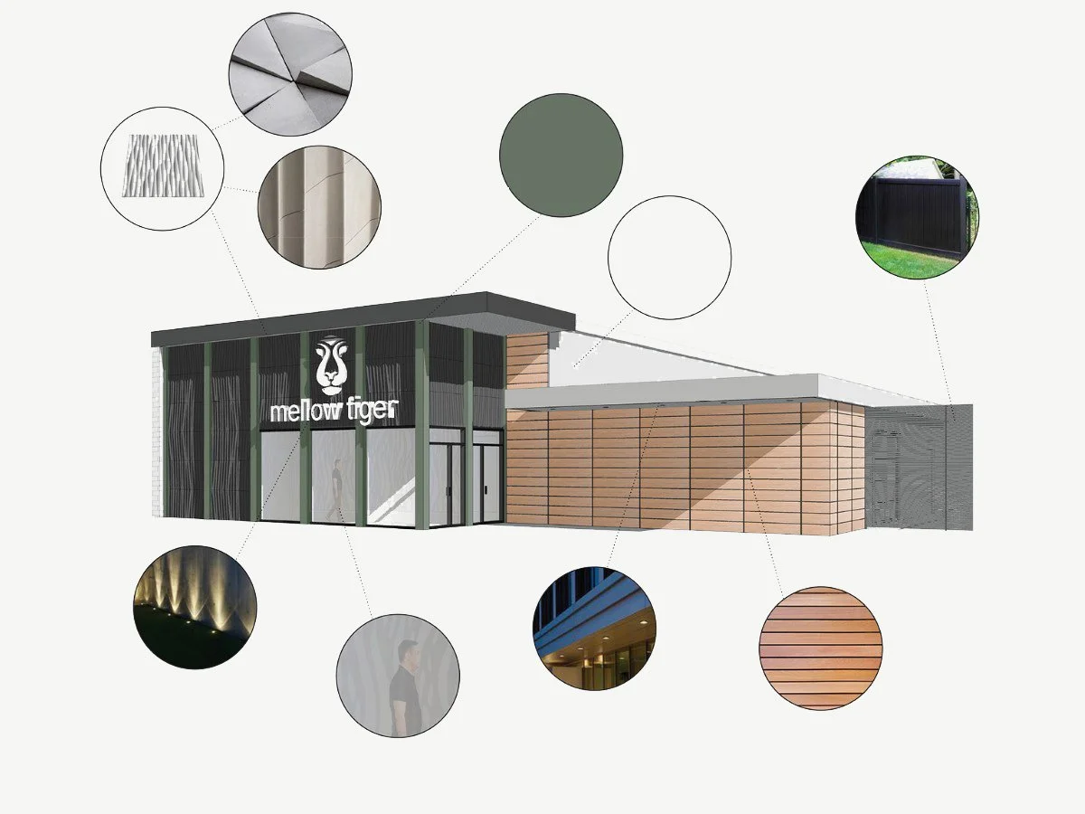 A schematic rendering was used for public hearing discussion regarding overall aesthetic and material selections for new facade treatment.