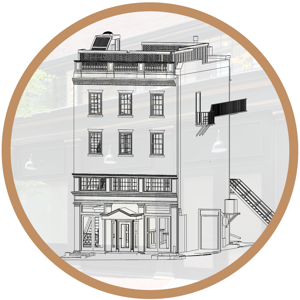 A technical laser scan of a commercial building exterior, representing the forensic data collection and precise site documentation used in the Existing Conditions phase.