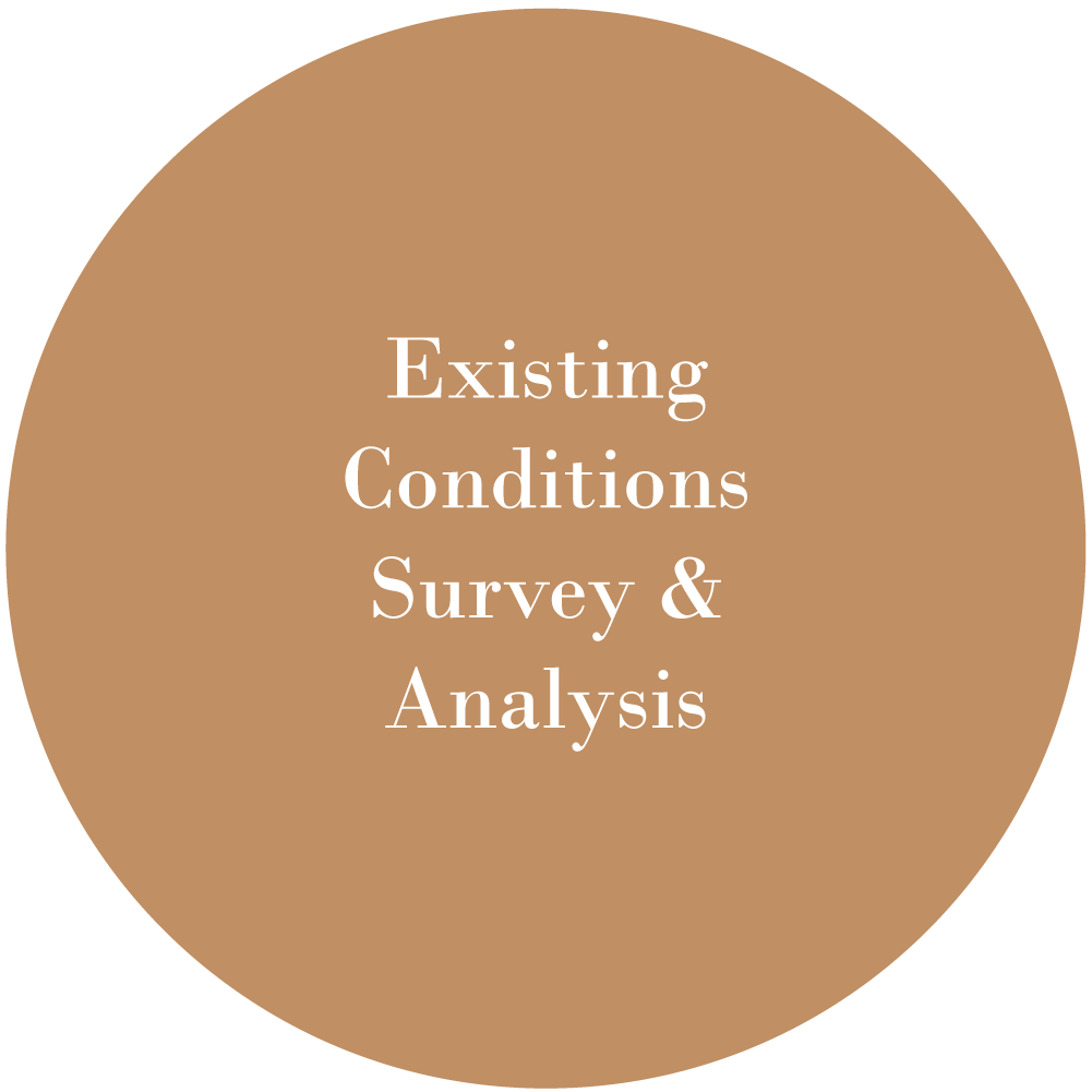 A graphic representing Phase 1 of the Tact & Grit architectural process: Existing Conditions Survey & Analysis, focusing on laser scanning and forensic site documentation.