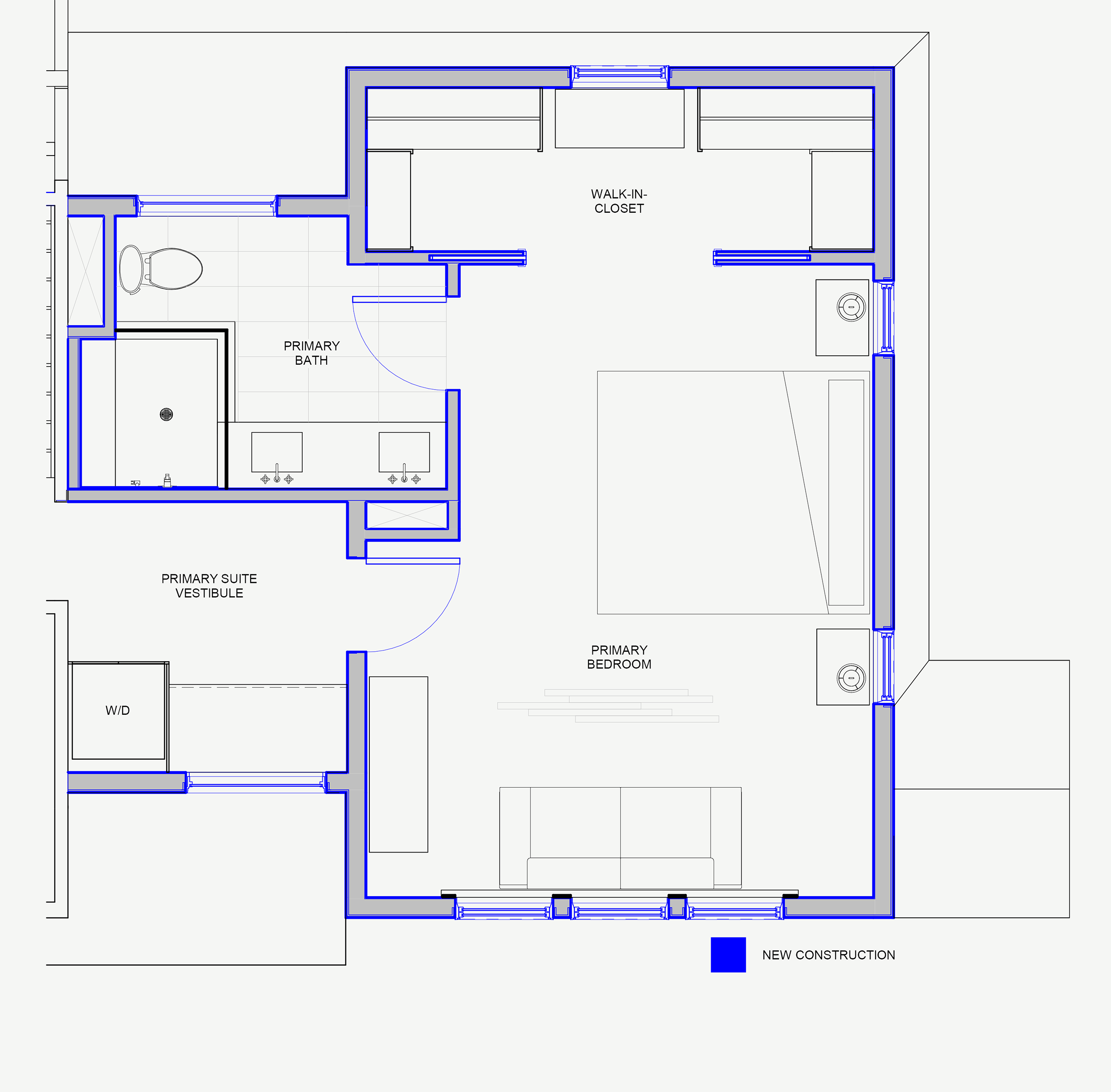 Proposed floor plan illustrating layout of new second story addition primary suite and laundry.