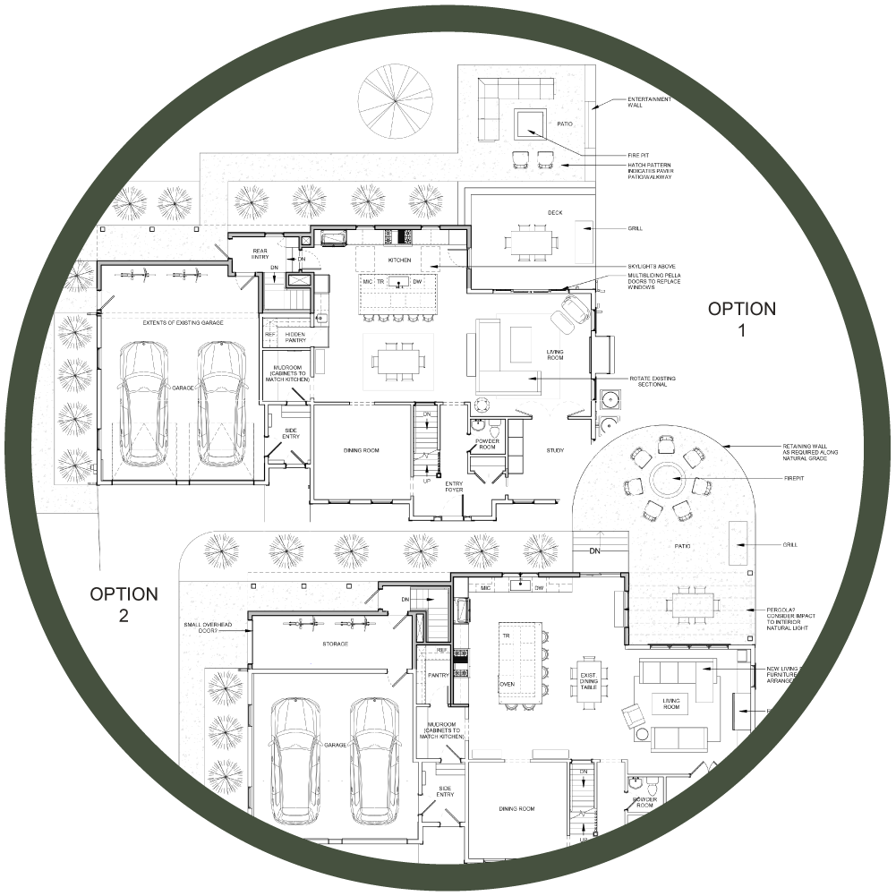 architectural floor plan design options illustrating two different kitchen, living room and patio arrangements