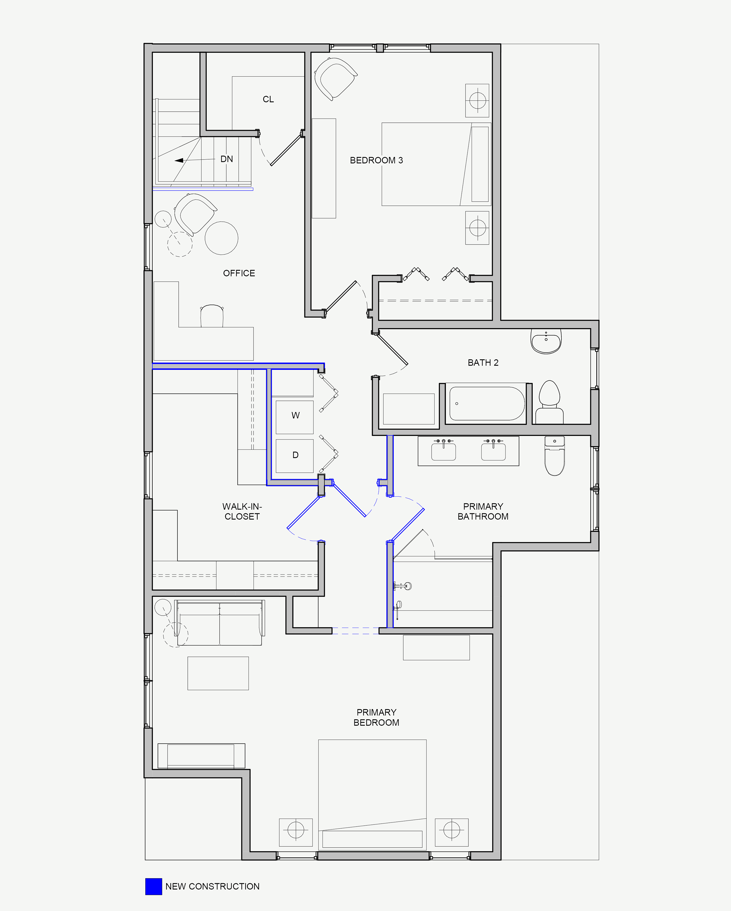 proposed level 2 floor plan showing reconfigured partitions to form new primary suite with blue linework