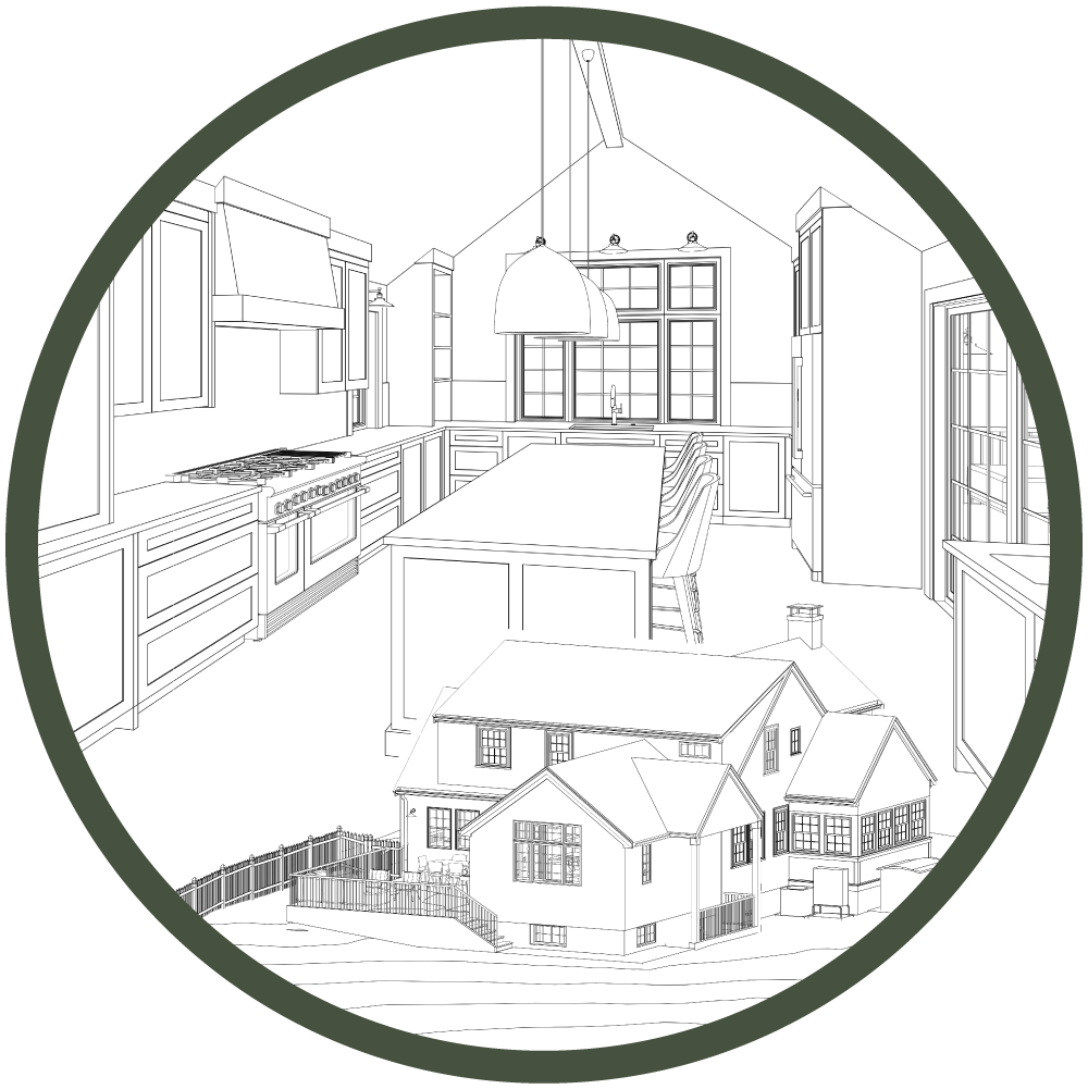 Detailed architectural line drawings in a circular frame, featuring a high-ceiling kitchen perspective with a large island and a 3D exterior model of a multi-story residential home.