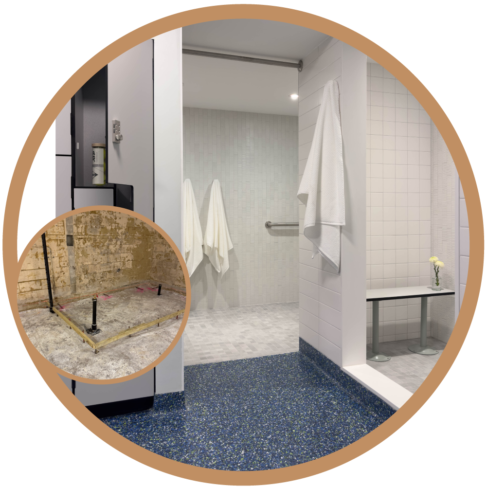 A split-view architectural detail showing a finished flush transition between epoxy flooring and tile for ADA compliance, with an inset image of the temporary wood framing used during the concrete pour to ensure a precise slab depression.