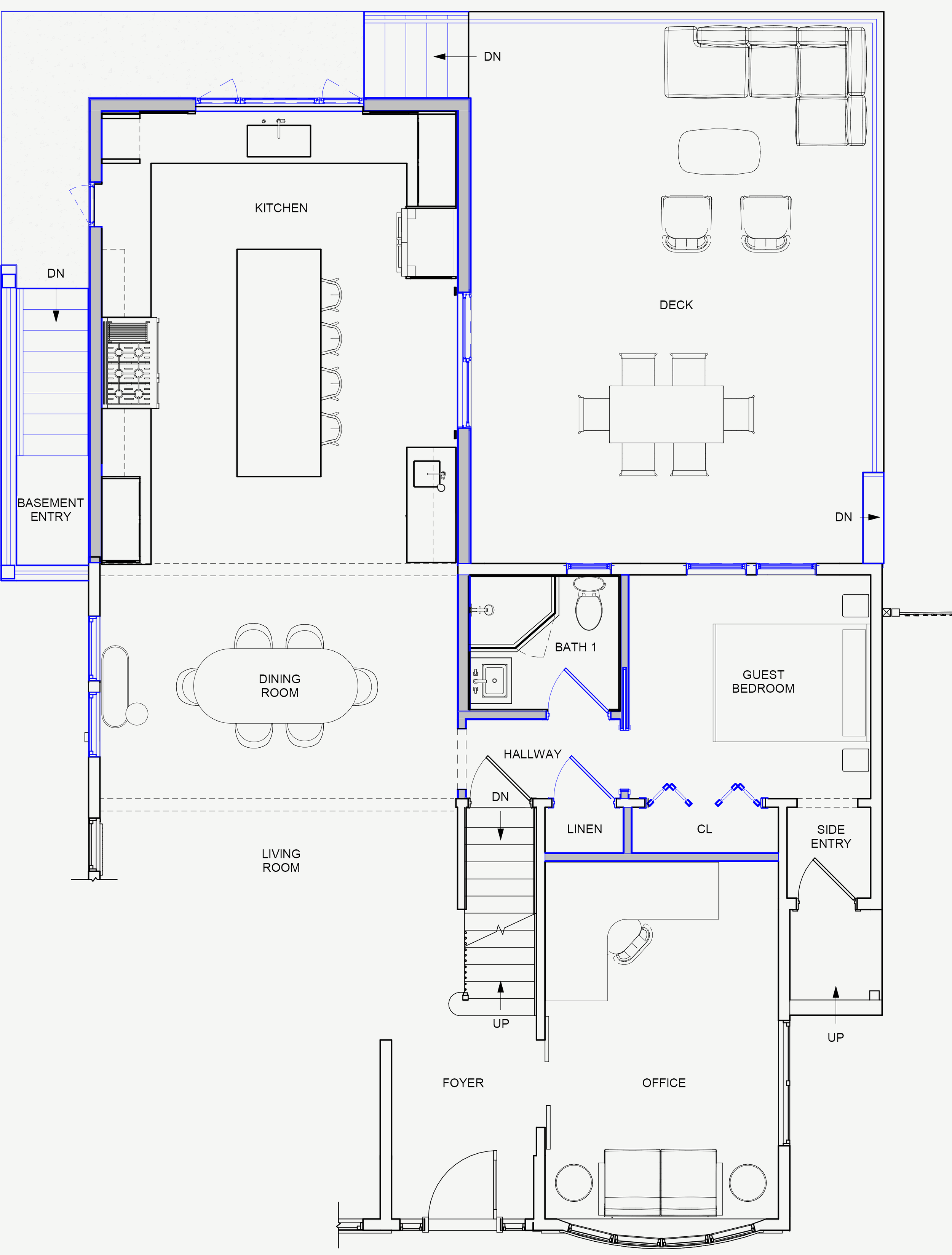Proposed floor plan illustrating the new vaulted kitchen addition and the conversion of the old kitchen into an accessible ground-level guest suite designed for aging-in-place and multi-generational living