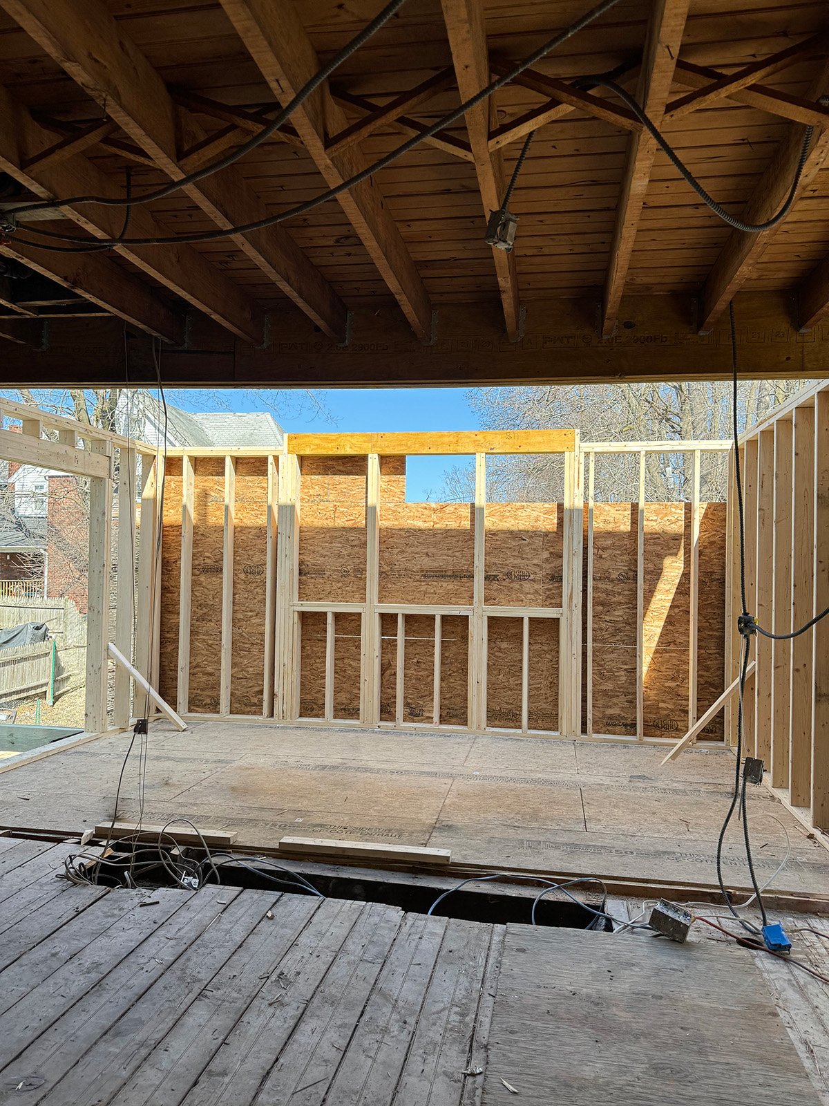 Exterior wall framing of new addition for a Dutch colonial home in Medford, MA