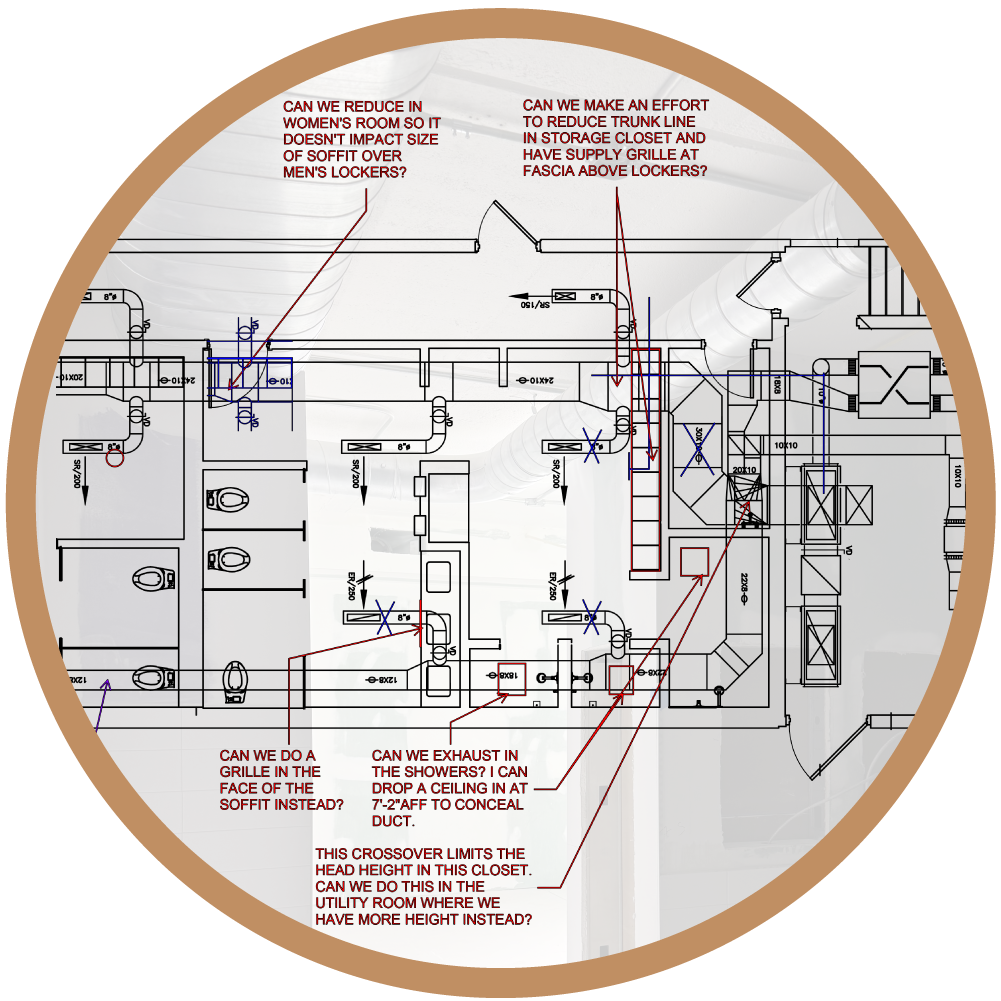 Architectural redline markups on an HVAC engineering drawing showing ductwork adjustments for architectural code compliance and aesthetic integration.