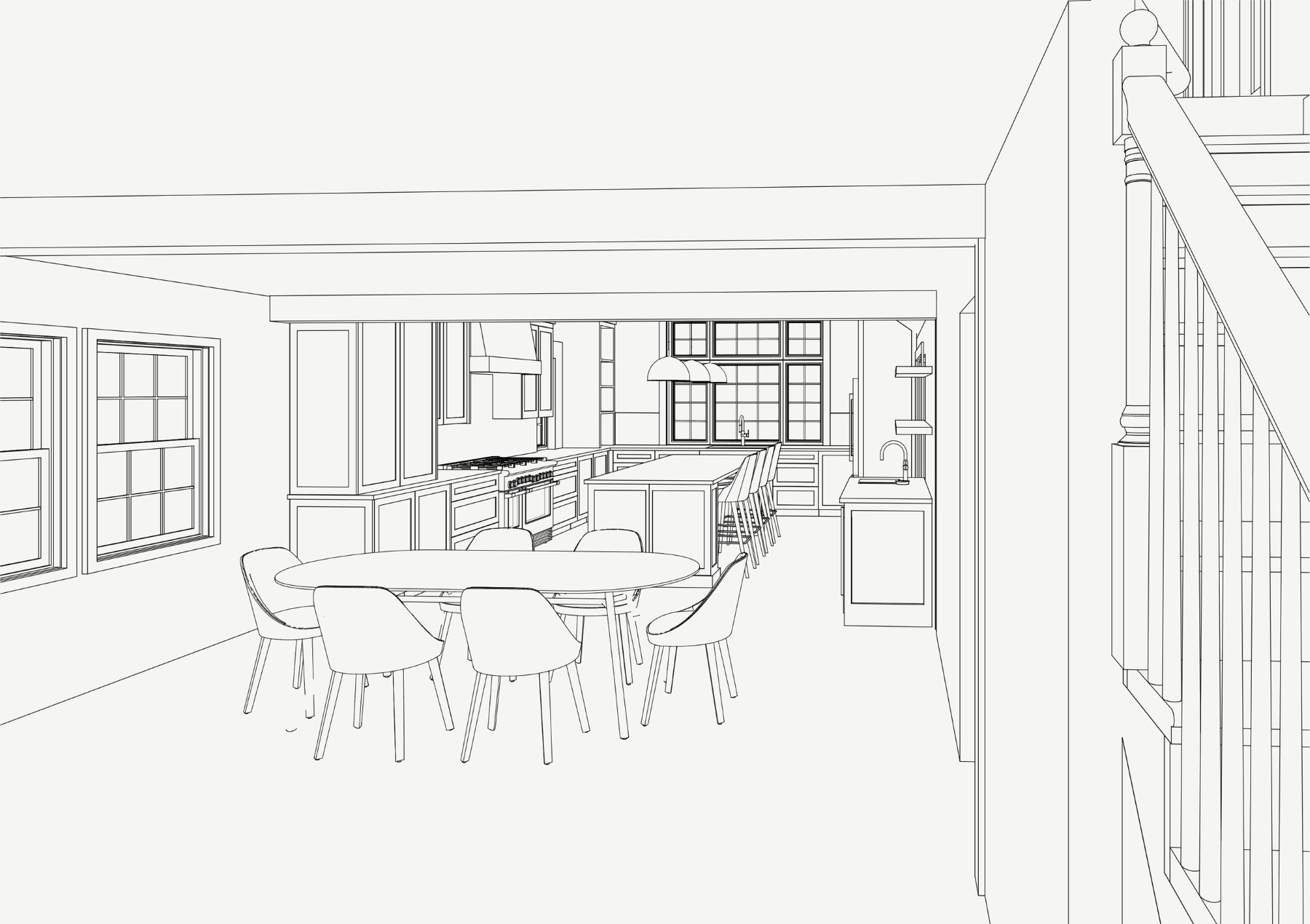 Three dimensional interior perspective drawing of relationship between existing dining room and new kitchen addition