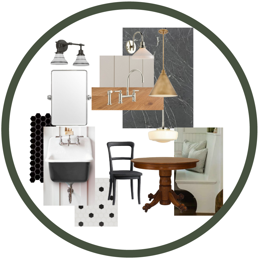 Final curated material palette for a 1910 kitchen addition featuring classic black and white tile, lighting and wall hanging apron sink, soapstone countertops with accent brass lighting and nickel gap wall detailing