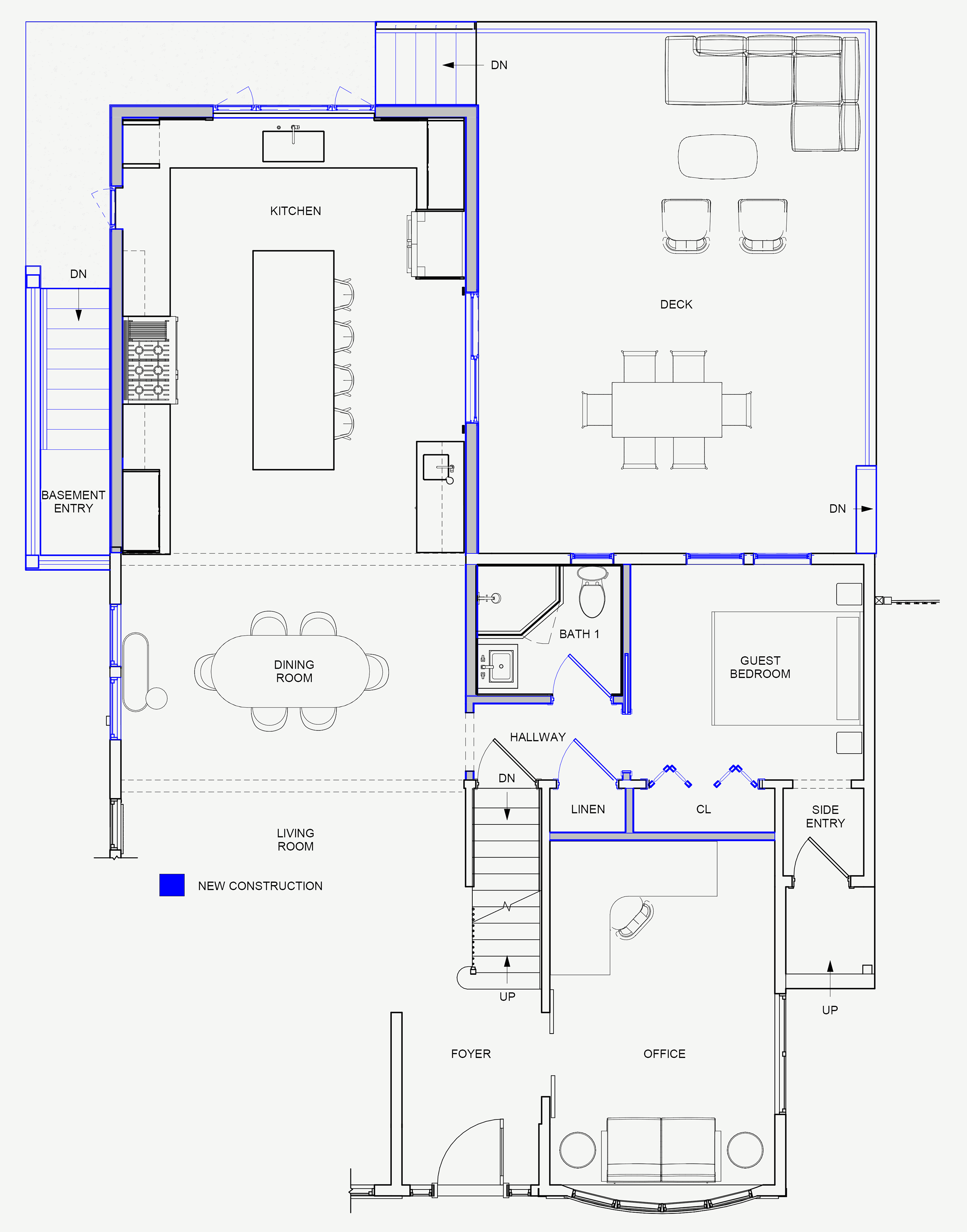 Proposed floor plan showing new construction in blue linework in a Melrose, MA home.