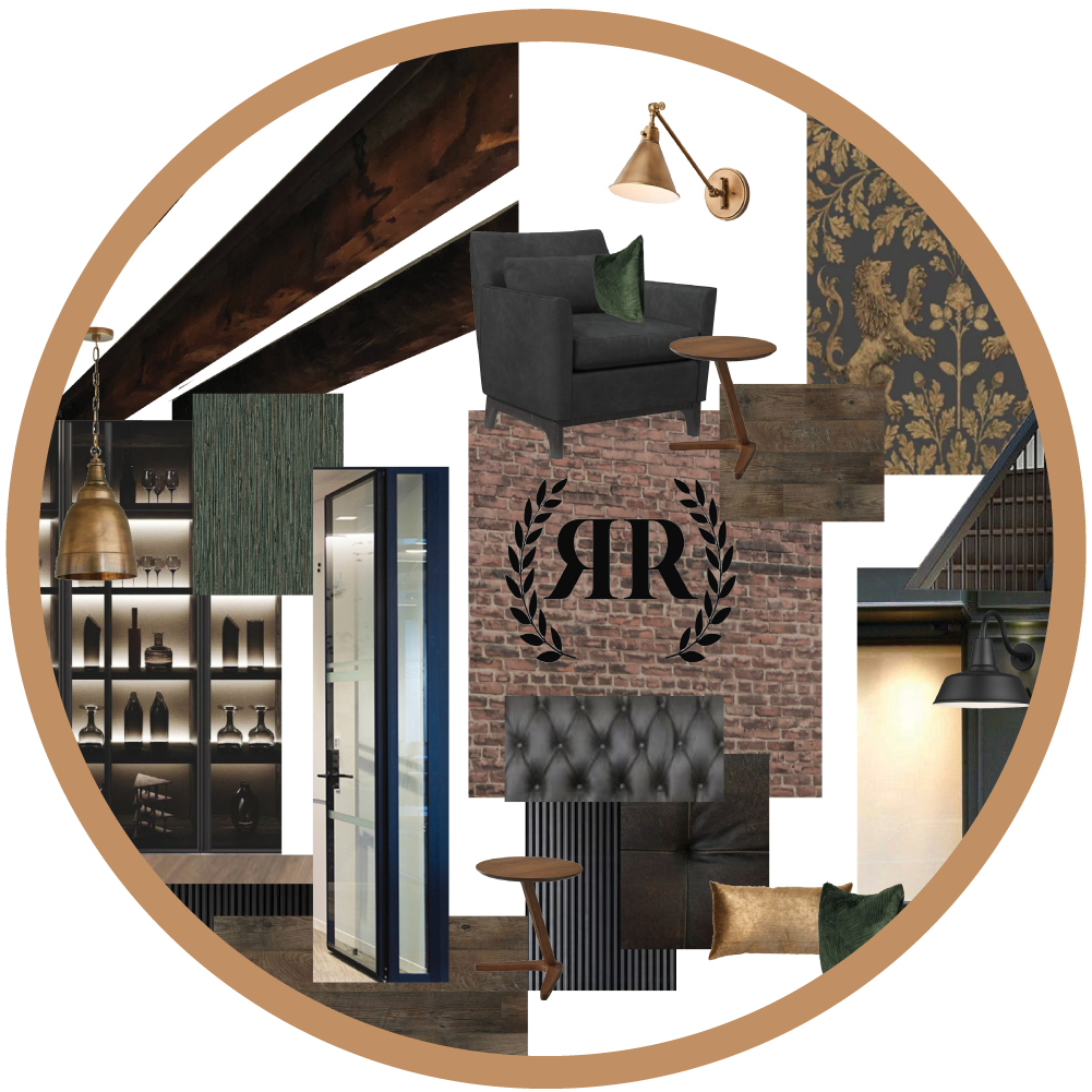 a circular architectural and interior mood board featuring a curated palette of industrial and luxury materials, including exposed brick, dark tufted leather, brass lighting fixtures, reclaimed wood, and deep green accents, anchored by a central logo