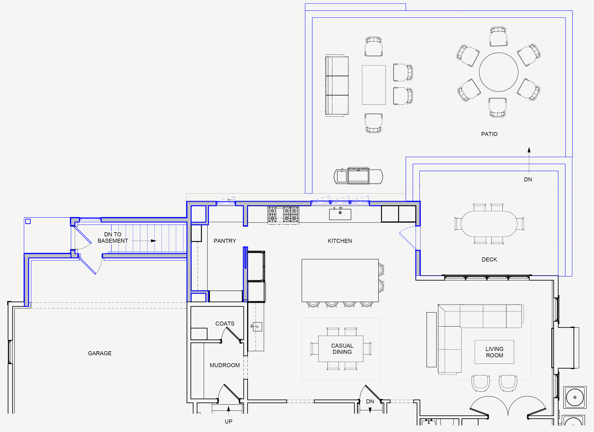 Proposed floor plan for Hamilton MA home addition showing expanded kitchen, butler's pantry, mudroom, garage, basement stair, deck and patio addition by Tact & Grit Design Co.