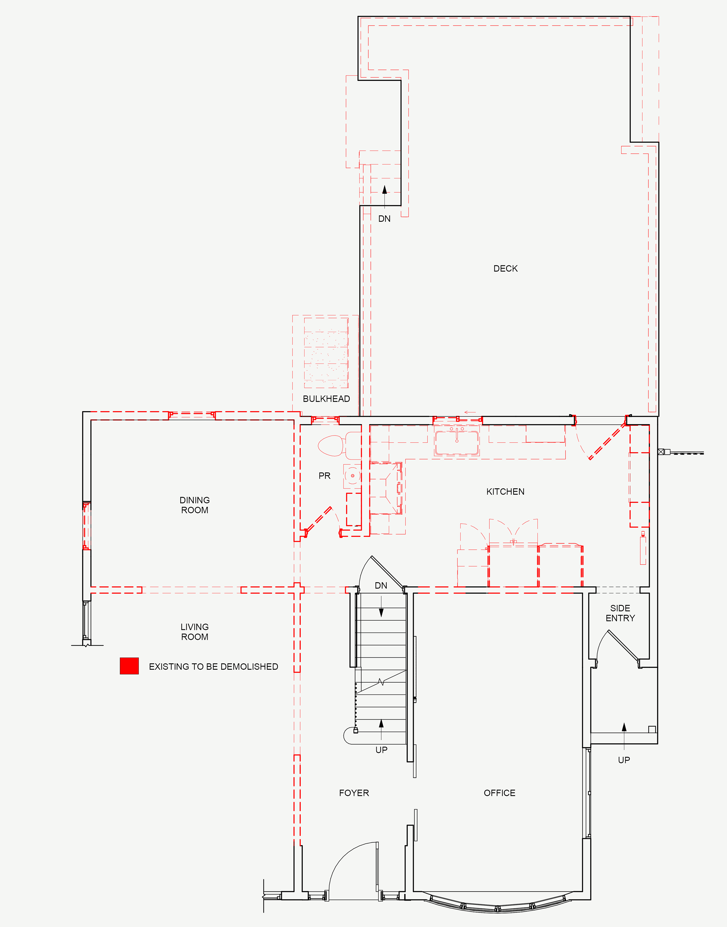 Existing floor plan showing areas to be demolished in red dashed linework in a Melrose, MA home.