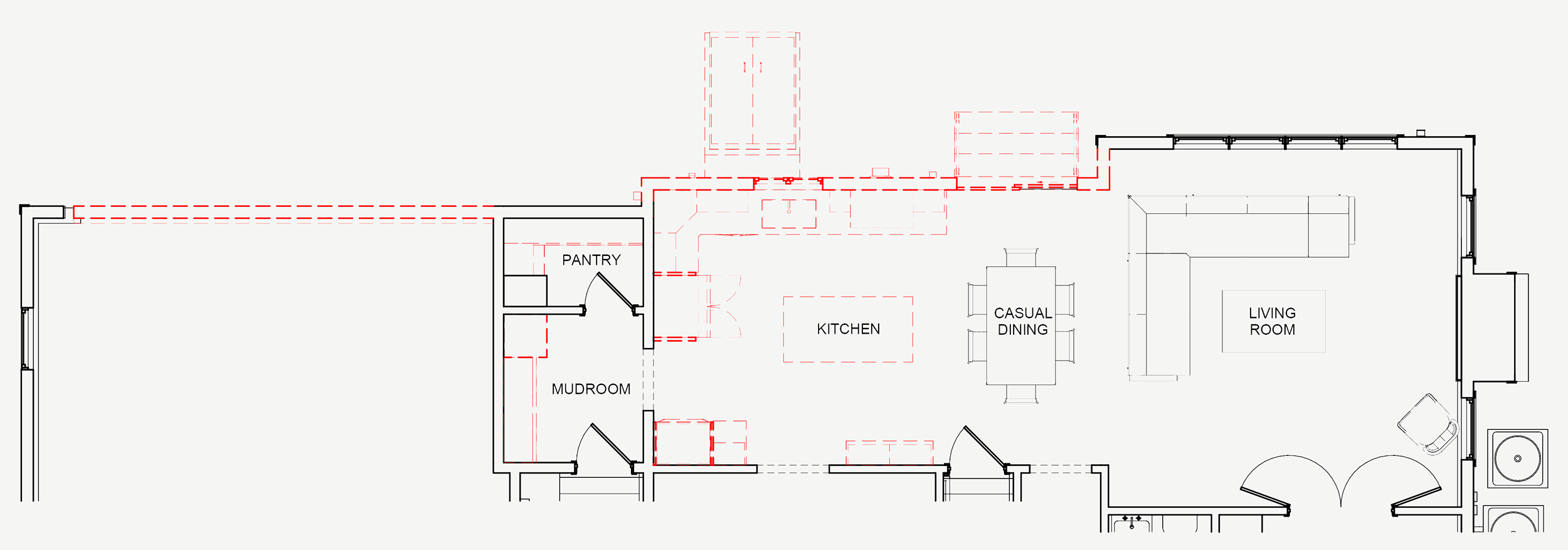 Existing floor plan for Hamilton MA home showing original kitchen, pantry, mudroom, casual dining, and living room prior to addition by Tact & Grit Design Co.