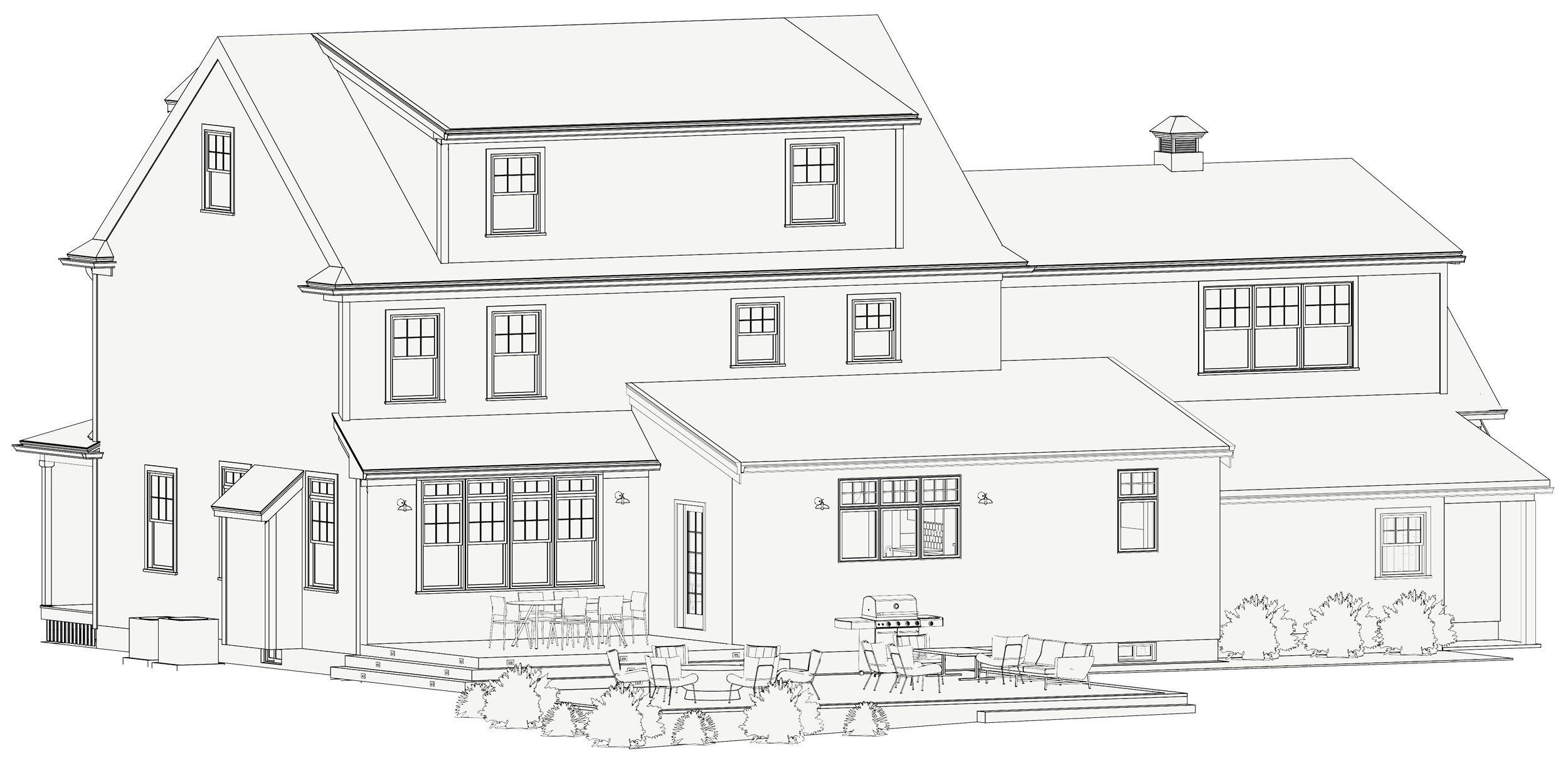 Proposed exterior massing for Hamilton MA kitchen and home addition showing expanded rear facade with new kitchen addition, garage extension, enclosed basement stair, deck, and patio by Tact and Grit Design Co.