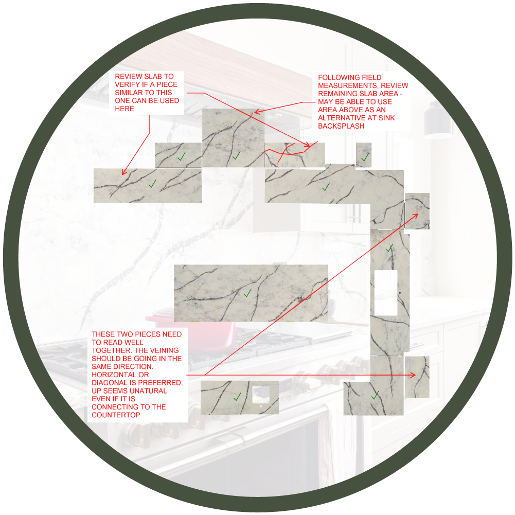 quartz countertop layout shop drawing review with mark ups coordinating veining direction for overall composition once installed