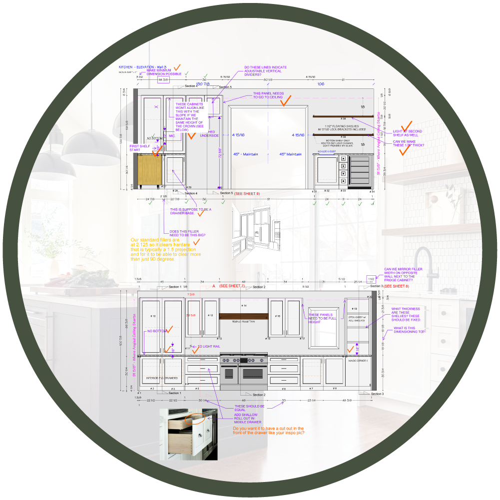 sample of custom cabinet shop drawing review illustrating back and forth mark ups between architect and millworker