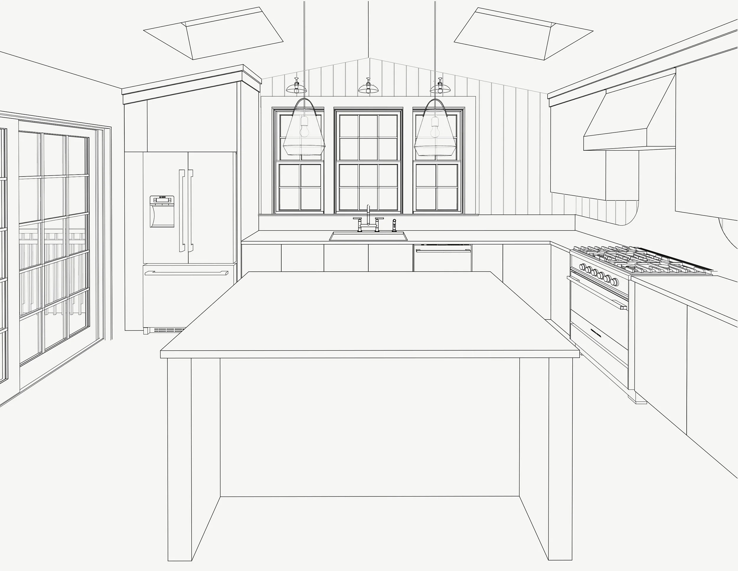 Architectural linework perspective of proposed kitchen addition looking toward sink wall with triple double hung windows above, island in the foreground, upper cabinetry and pendant lighting, Medford MA