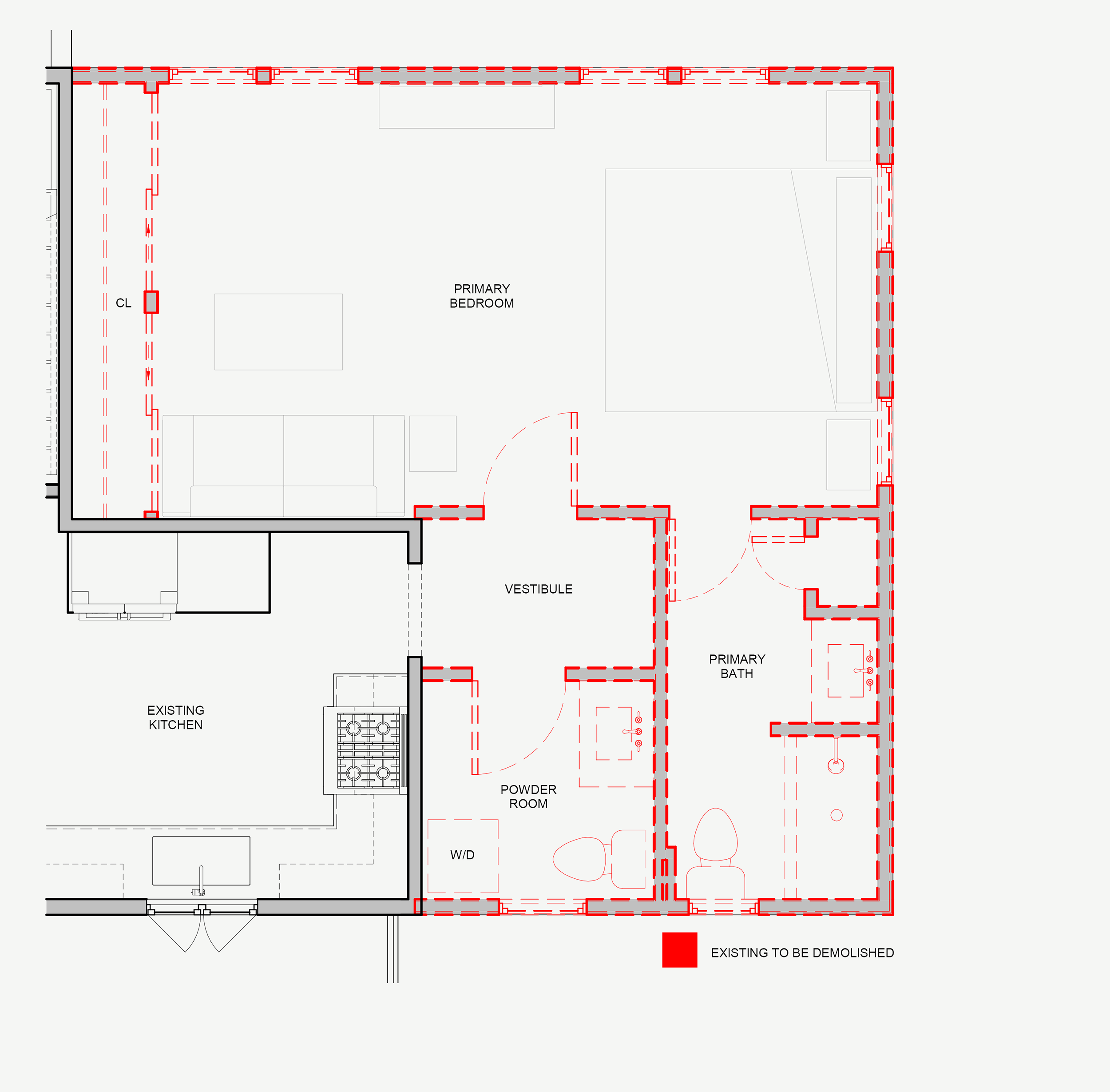 Demolition floor plan for main level of a Dutch Colonial second story addition in Greater Boston showing existing primary bedroom, primary bath, powder room and vestibule with red dashed linework indicating demolished partitions by Tact & Grit Design