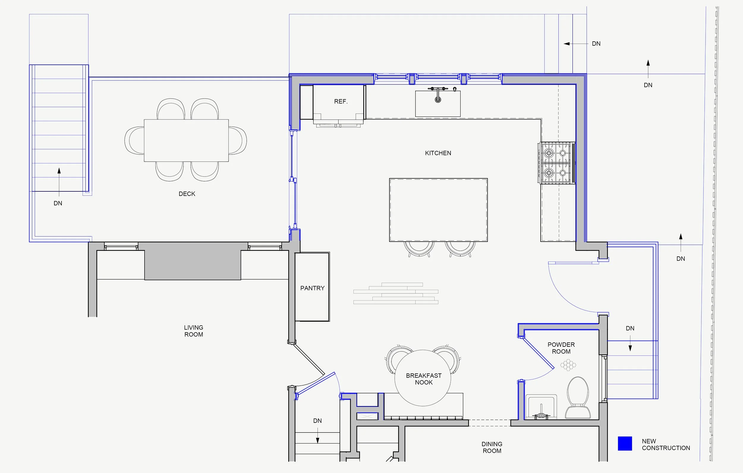 Proposed floor plan showing new construction in blue linework.