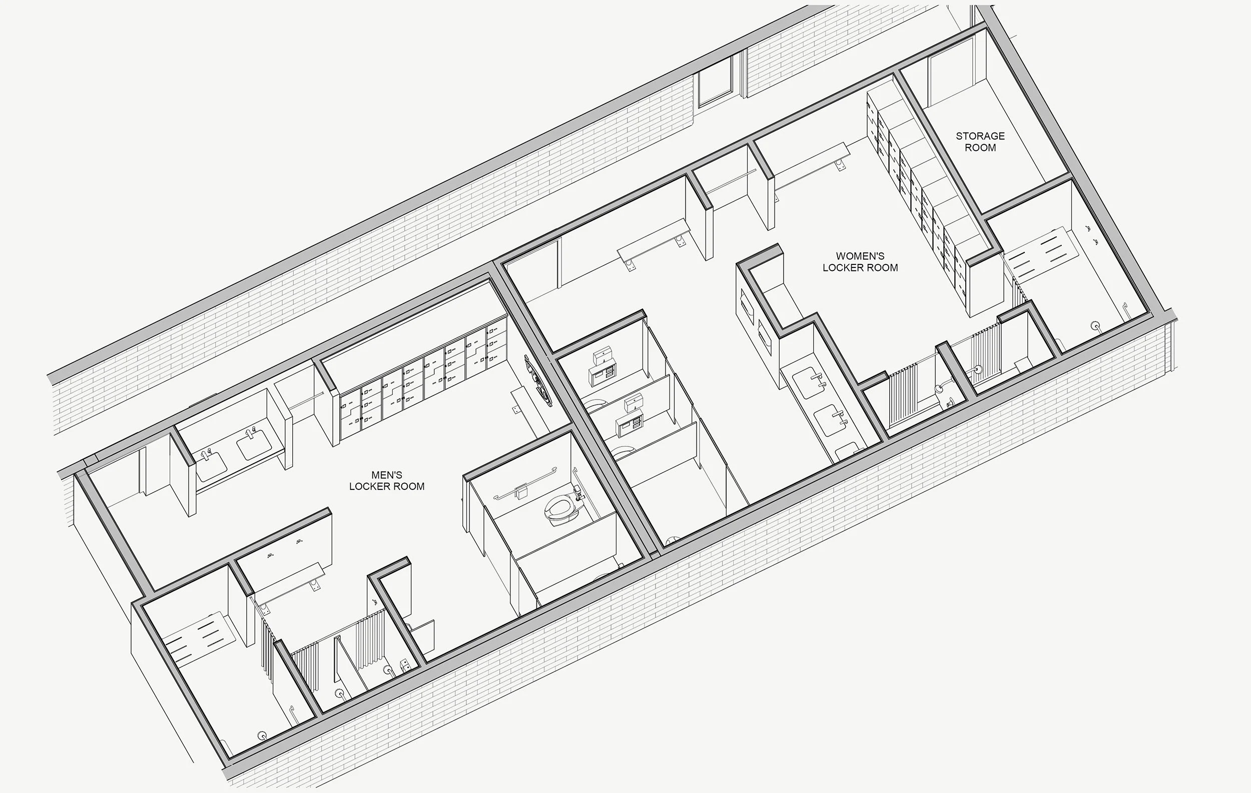 axonometric line drawing illustrating women's and men's locker room configuration