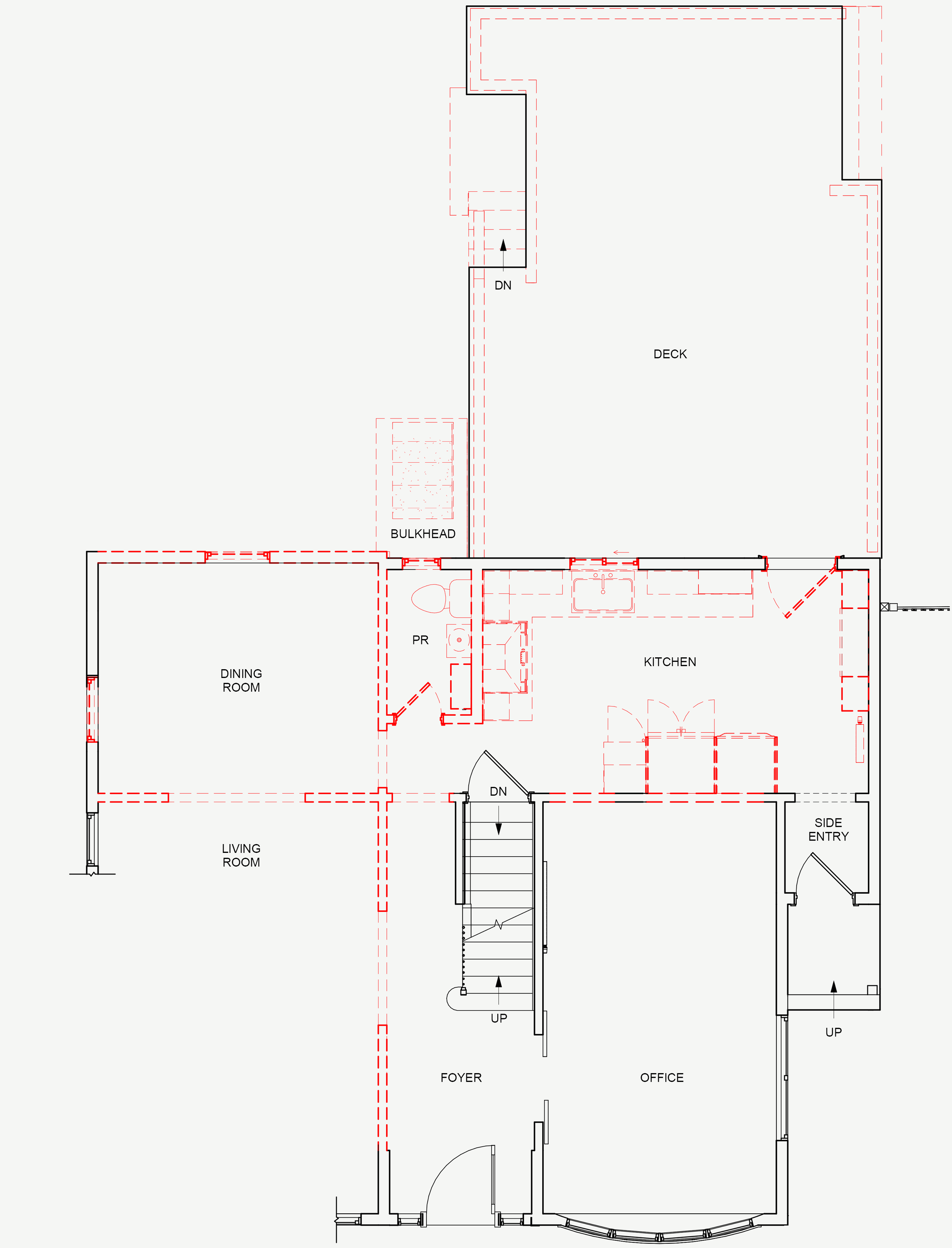 Architectural demolition plan showing the original kitchen footprint and walls to be removed for the relocation.