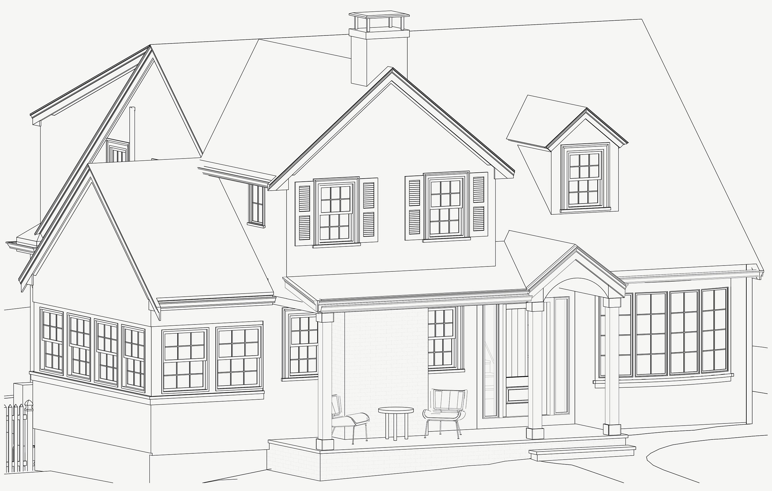 Three-dimensional line drawing of two-story home with new covered entry porch and seating area