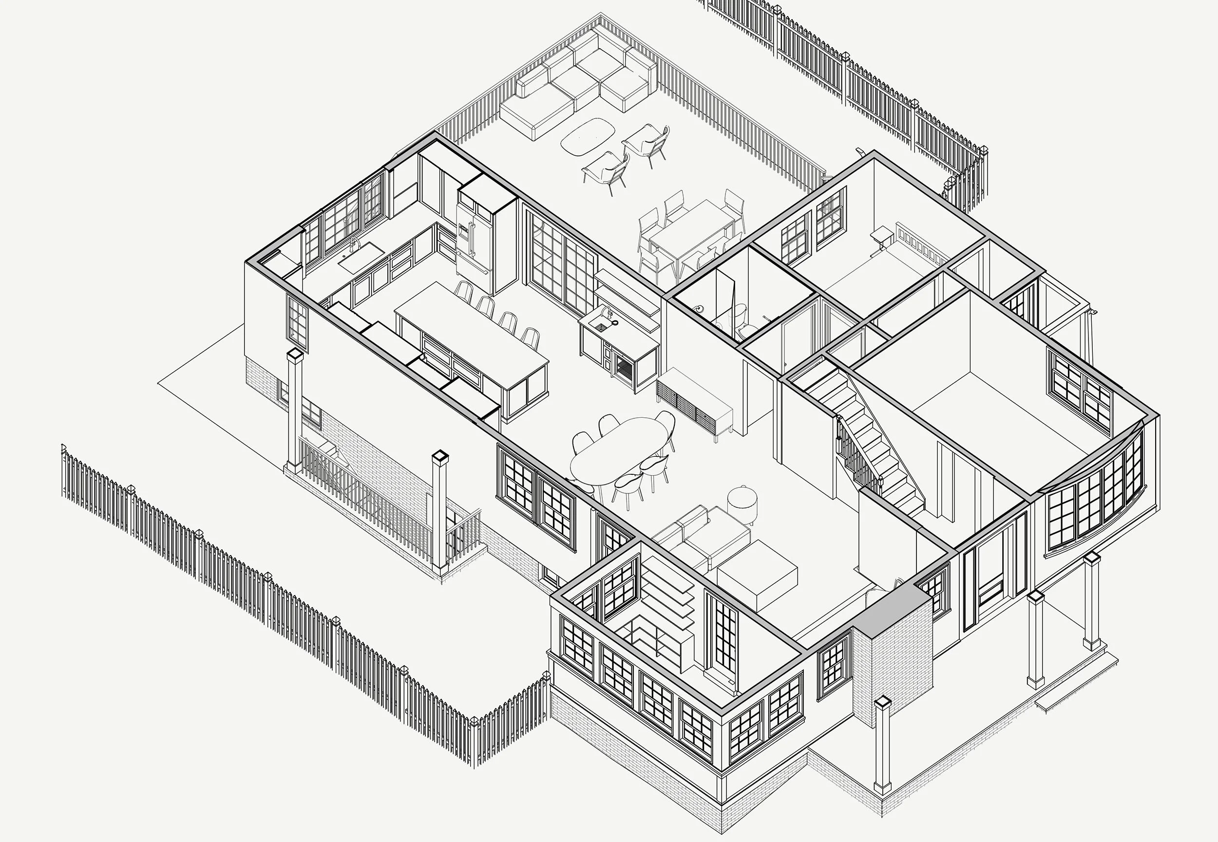 Axonometric linework drawing showing proposed floor plan