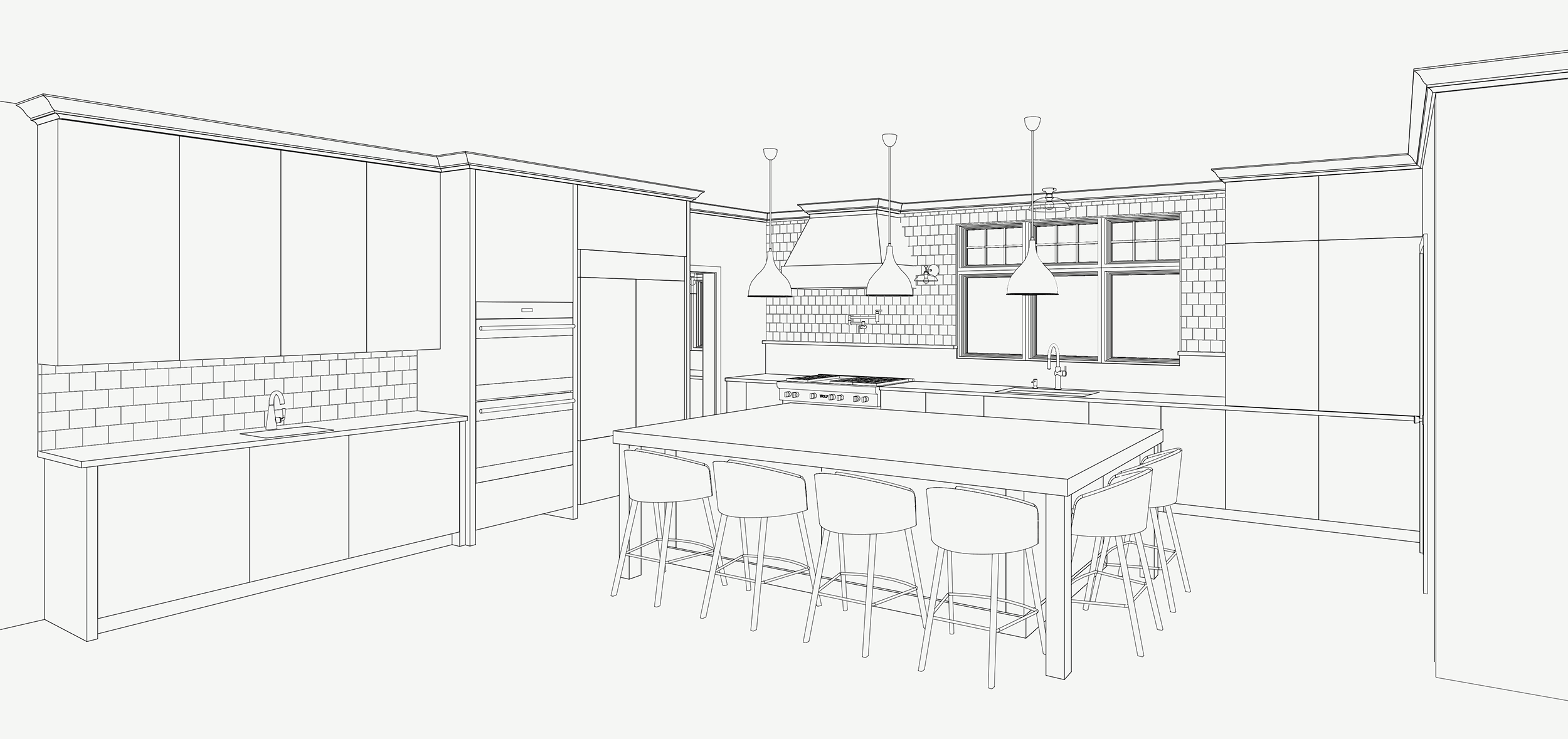 Architectural interior perspective of proposed kitchen addition for a colonial home in Hamilton MA showing large central island with seating, perimeter cabinetry, subway tile backsplash, pendant lighting, and range hood by Tact and Grit Design Co.