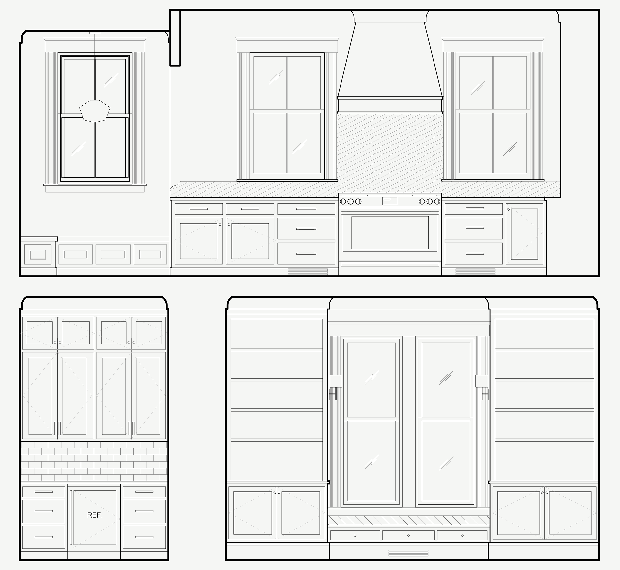 Kitchen millwork elevations for an 1846 Victorian home remodel in Newton MA showing range wall with custom hood, cabinetry layout, coffee bar and built-in storage details