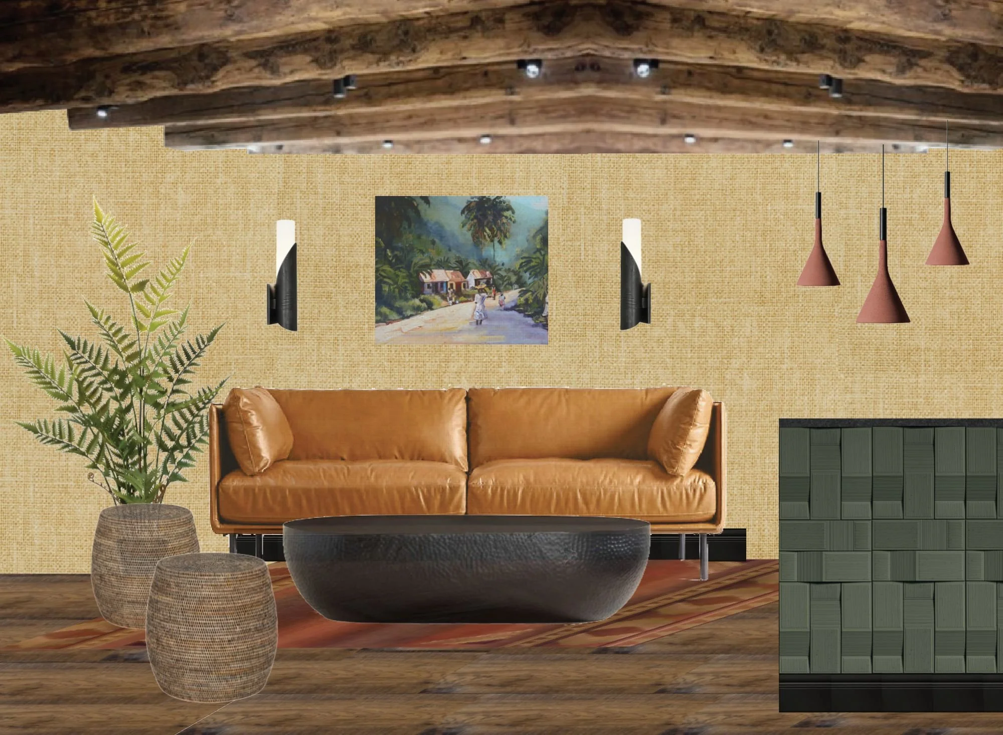 A material and furniture collage for the Downtown Dispensary, featuring rattan textures, terracotta pendant lighting, leather seating and a Jamaican landscape painting reflecting the brand's cultural identity.