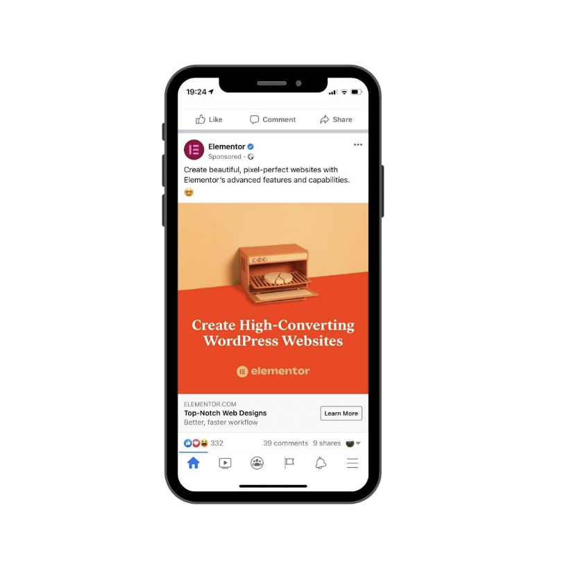 Facebook advertisement on a smartphone screen promoting creating high-converting WordPress websites using Elementor, featuring an orange background with an image of a small wooden shelf holding a pair of glasses and a laptop, and a call-to-action button labeled 'Learn More'.