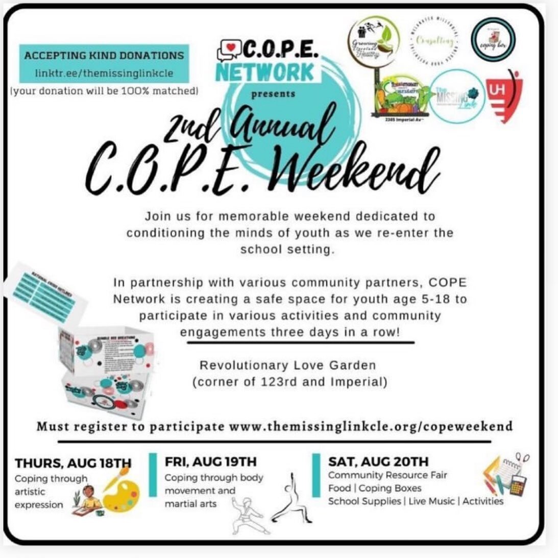 Once again, The Missing Link, COPE Inc is hosting #COPEWeekend at Revolutionary Love Gardening❤️❤️ 

Sign up for all three days or just the days you&rsquo;re available to attend! 

Linktr.ee/themissinglinkcle 

Thanks to Melanated Millennial Consulti