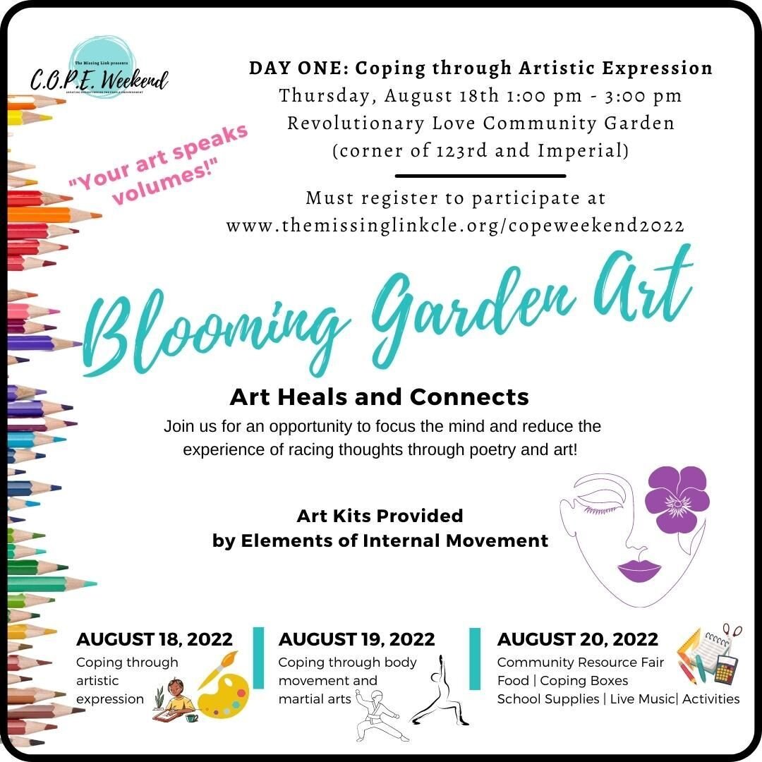We're just days away from kickstarting our 2nd Annual COPE Weekend event. Join us at @revlove_garden on Thursday as we explore healthy coping through artistic expression. This year, we're drawing inspiration from blooming flowers. What qualities of t
