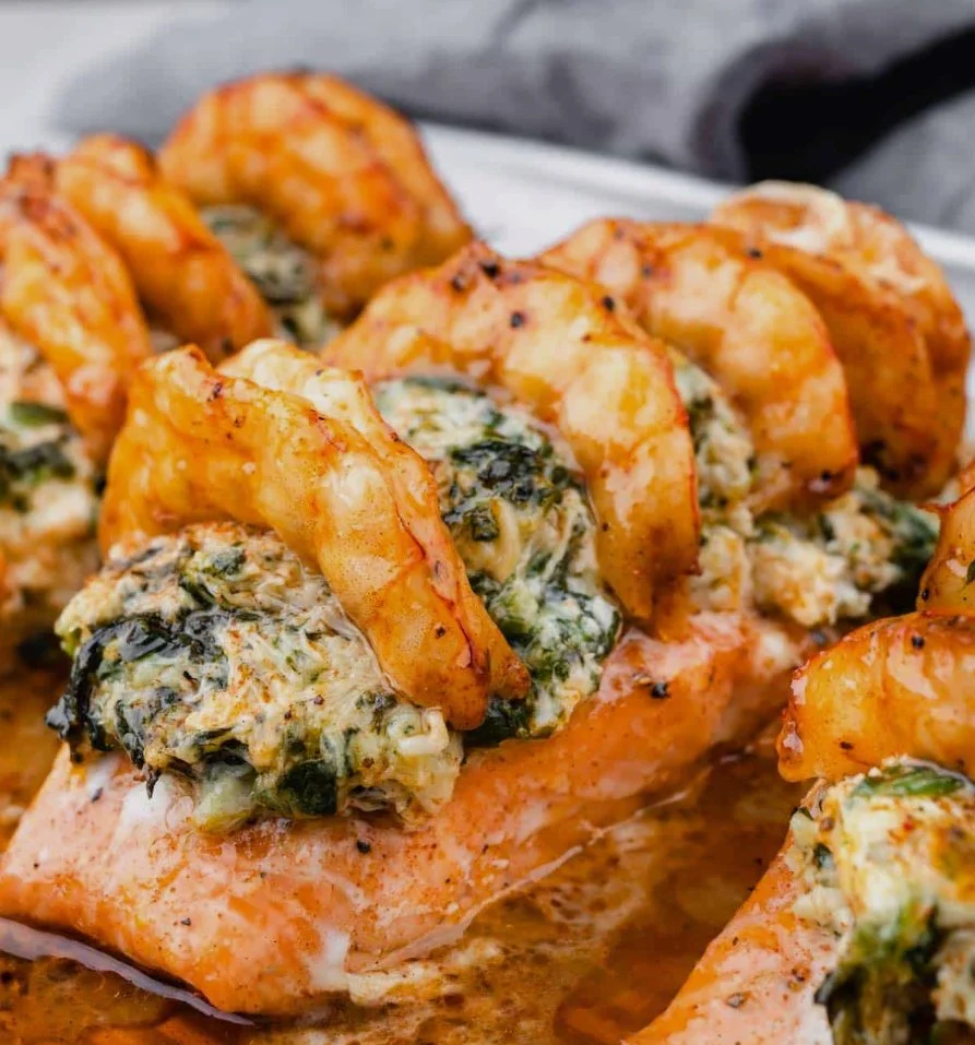 Grilled Salmon stuffed with Crab Meat, Grilled Shrimp/ Lemon Butter Cream Sauce : Valentine's Dinner for 2