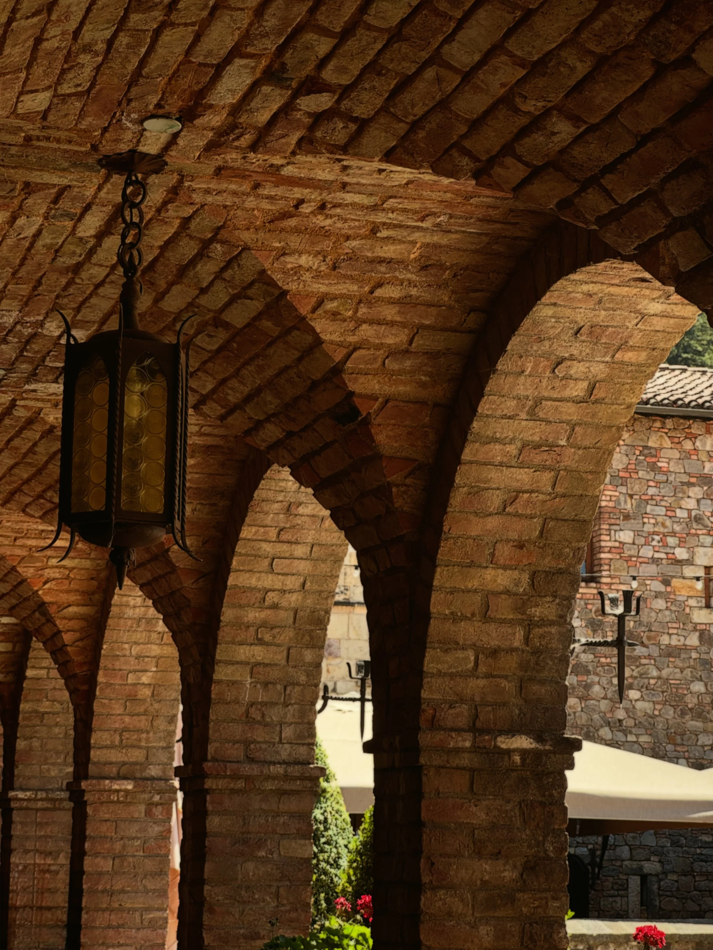 architecture details of brick castle arches at Castello di Amorosa