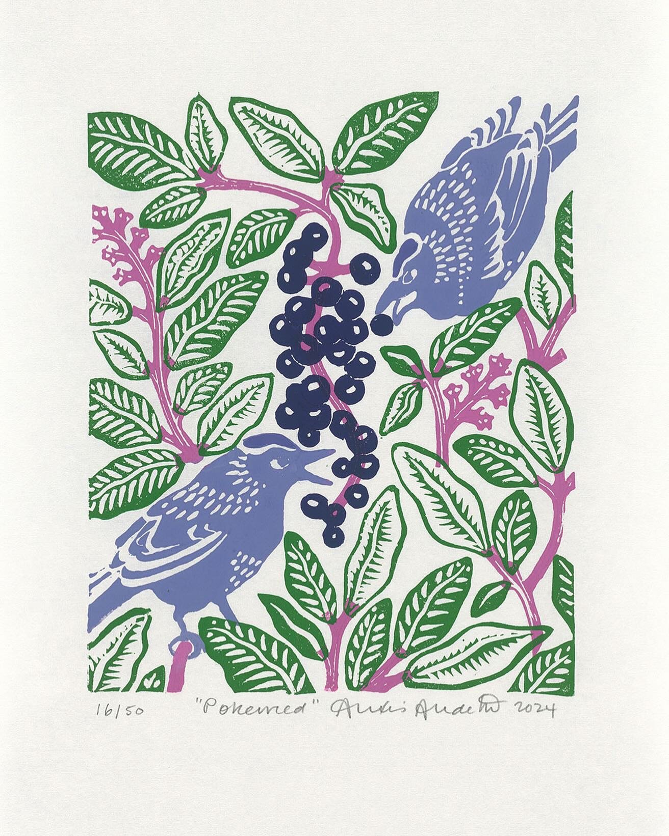 Our newest limited-edition, linocut print, Pokeweed, is inspired by a native plant of the same name that grows throughout the Midwest and the South. Pokeweed&rsquo;s fuchsia stems and cascading, ink-colored berries make it immediately recognizable. D