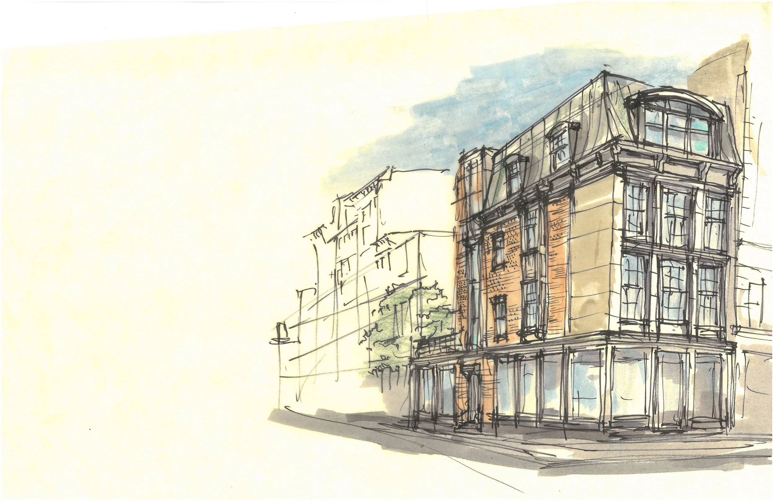 Sketch of a multi-story building with large windows, brick and beige facades, and a rounded roof section, situated on a corner with a sidewalk in front.