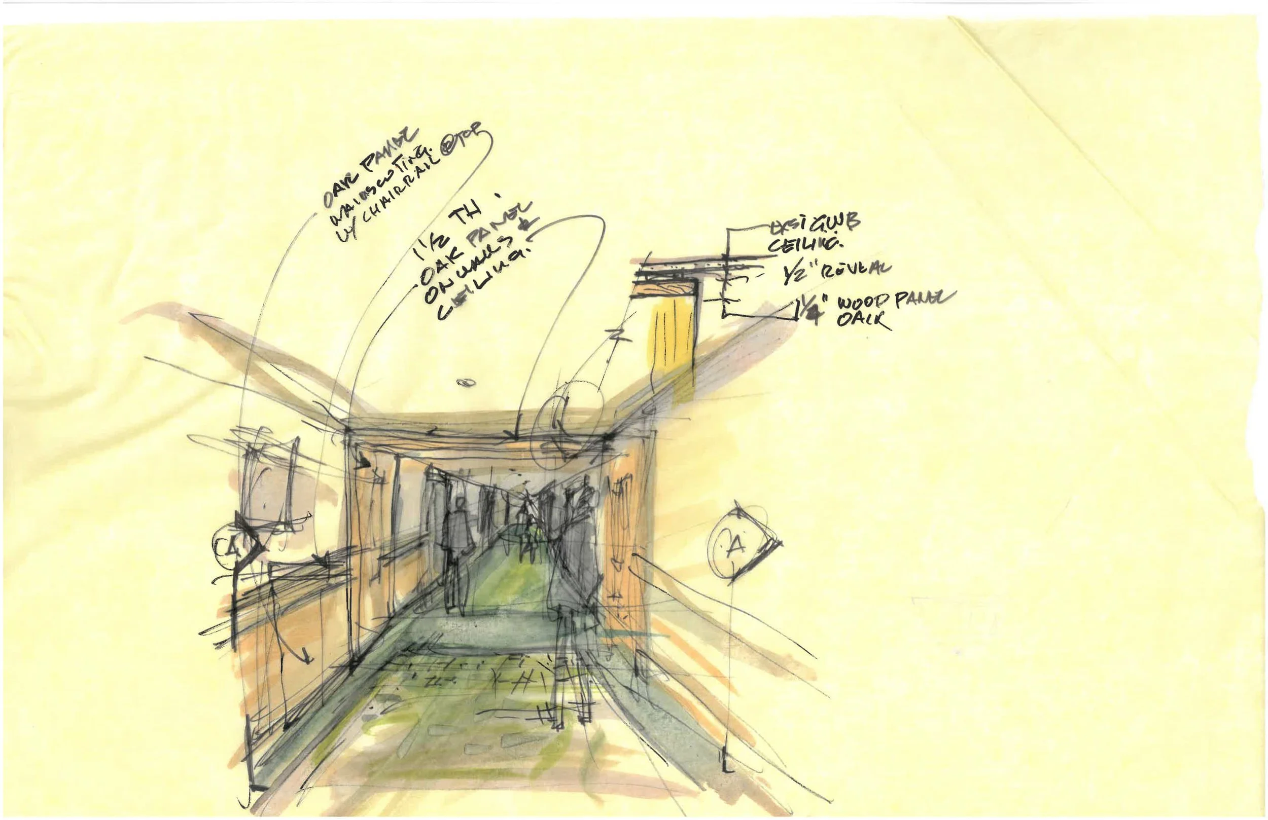 Sketch of an interior hallway view with people walking, wooden panels, ceiling notes, and dimensions labeled.