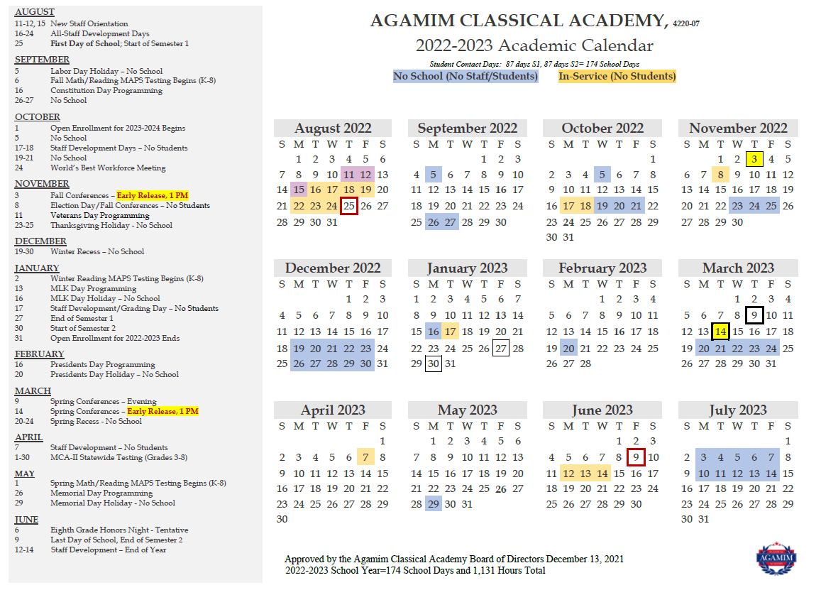 Calendars — Agamim Classical Academy